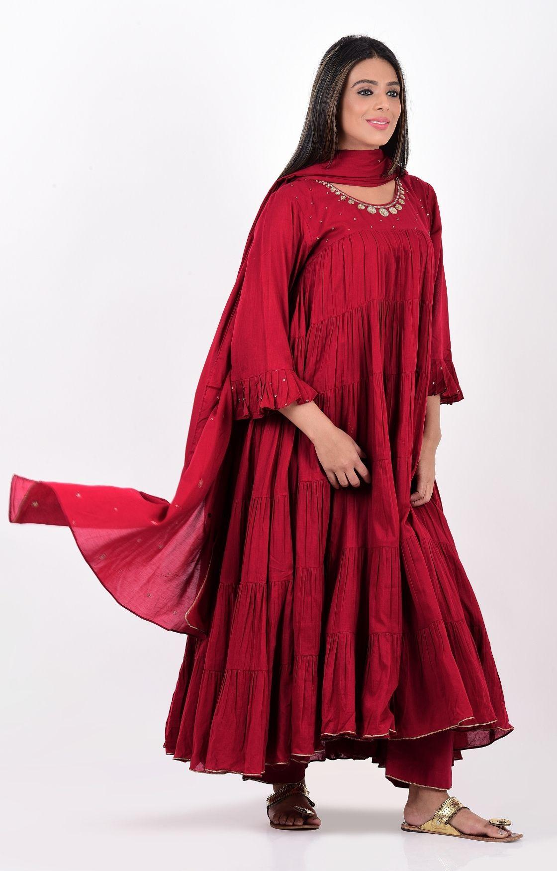 Cherry Red Crinkled Layered Kurta Set