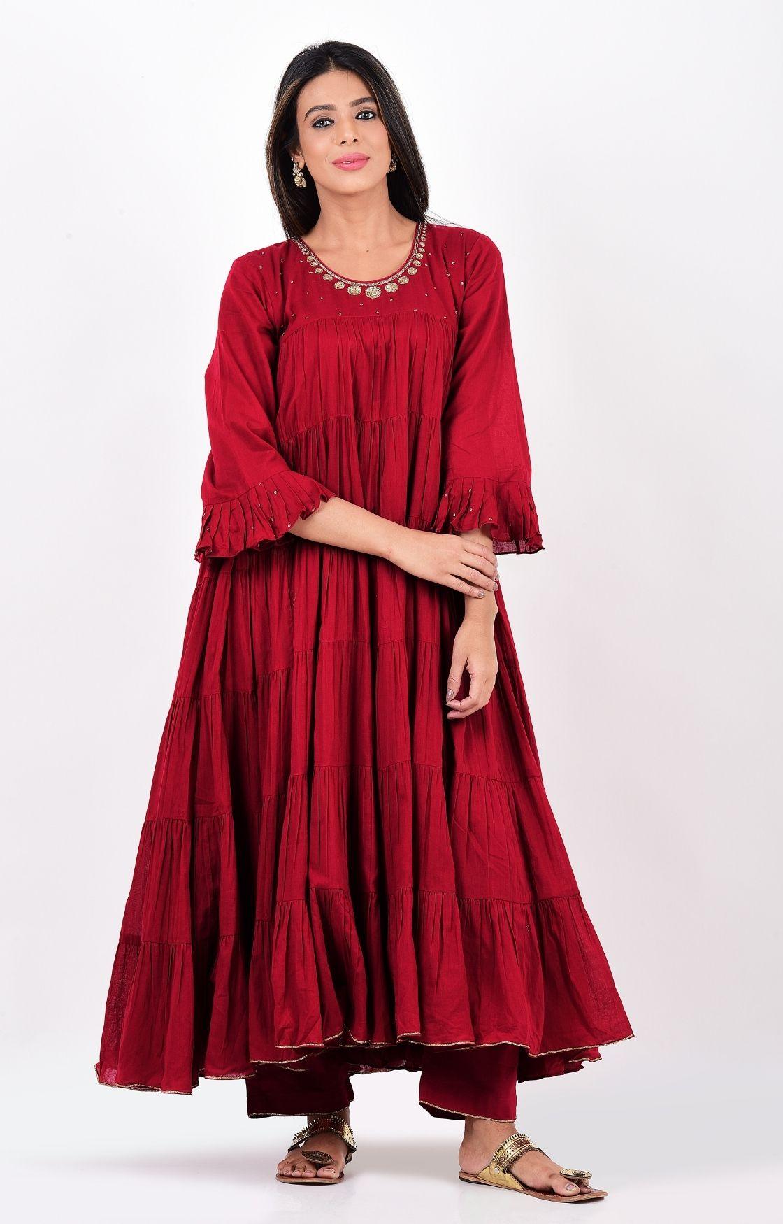 Cherry Red Crinkled Layered Kurta Set