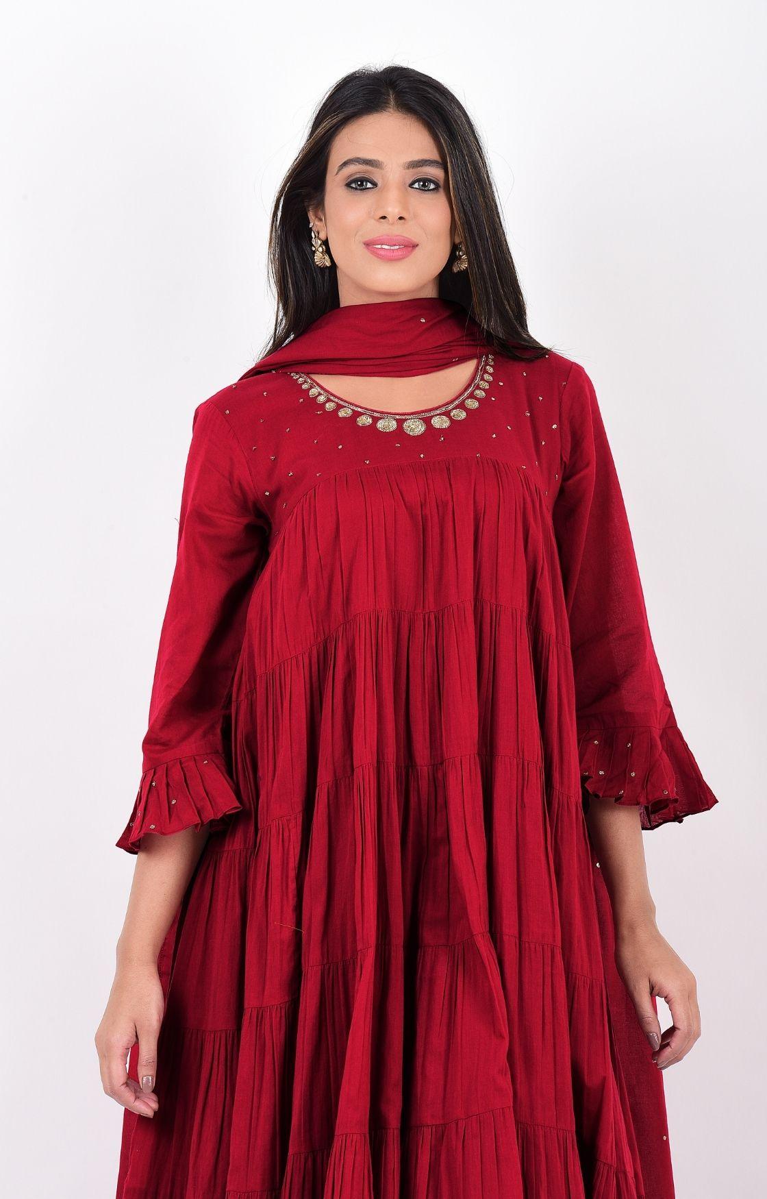 Cherry Red Crinkled Layered Kurta Set
