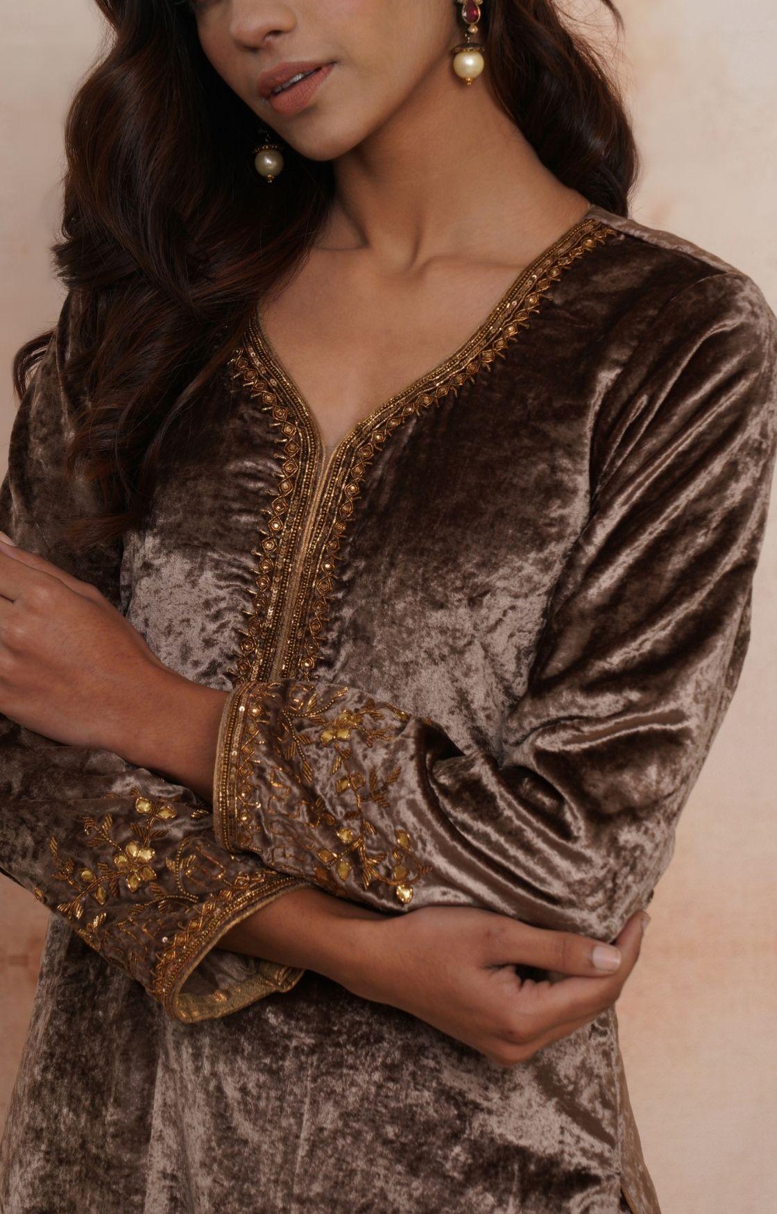 Golden Brown Embroidered Velvet Kurta Set of 3