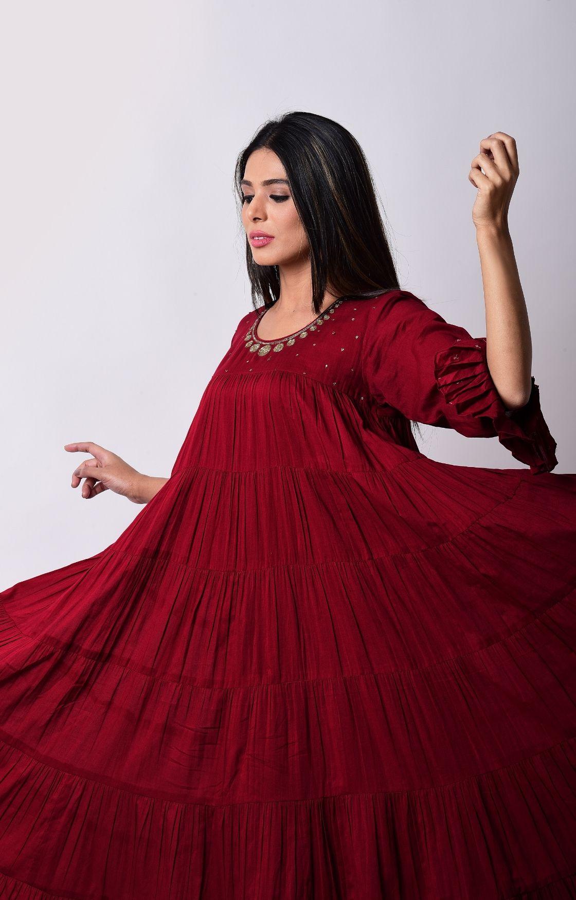 Cherry Red Crinkled Layered Kurta Set