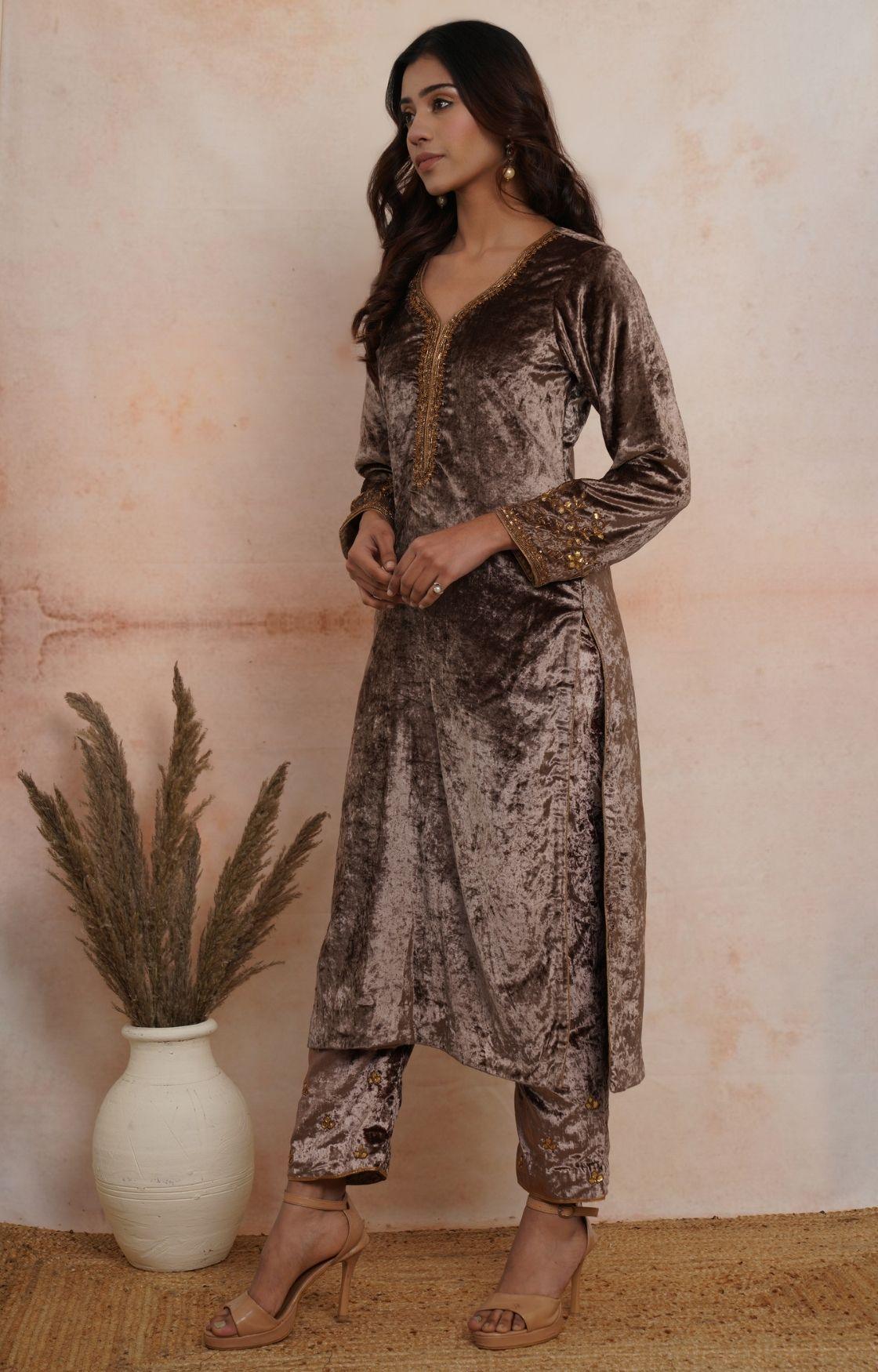 Golden Brown Embroidered Velvet Kurta Set of 3