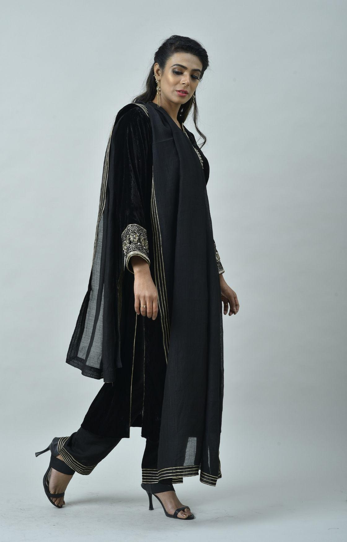 Black Velvet Kurta Set of 3