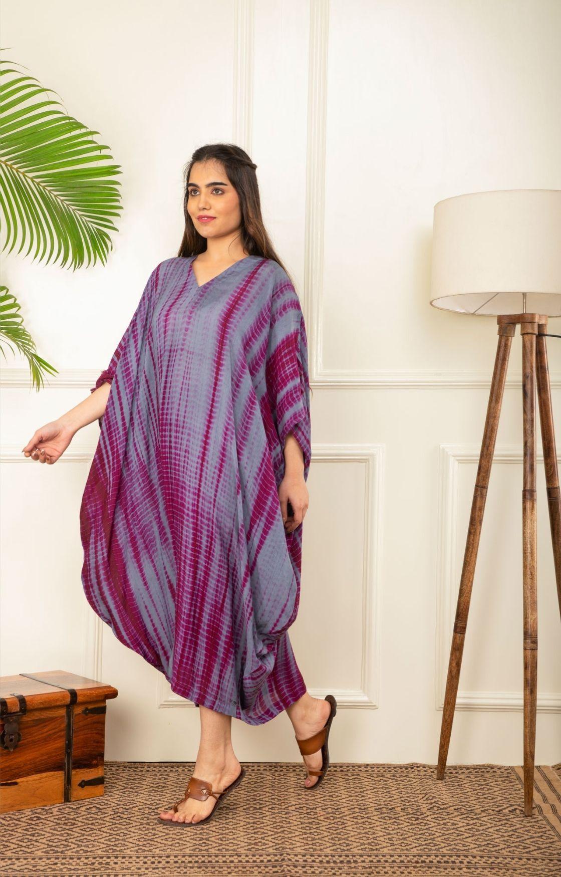 Wine and Grey Rope Tie Dye Cowl Kaftan