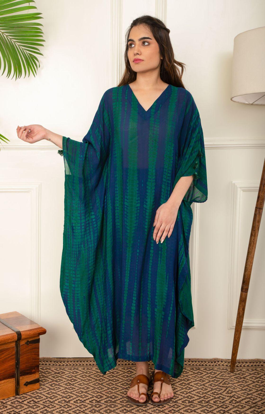 Blue And Green Rope Tie Dye Cowl Kaftan