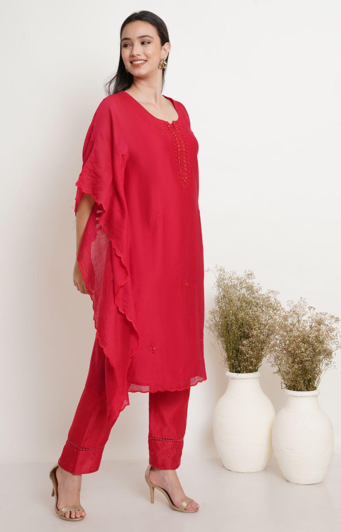Red Tonal Embroidery Kaftan Set
