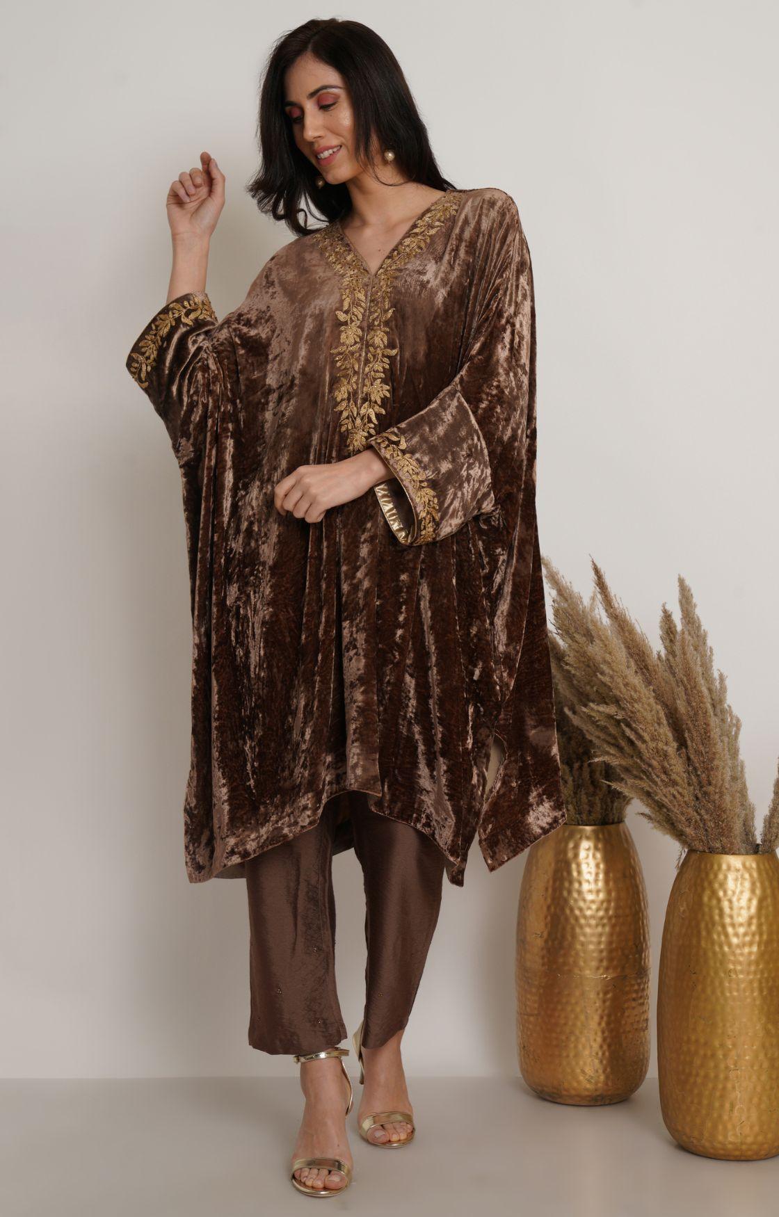 Beige Gold Velvet Embroidered Kaftan Set  of 2