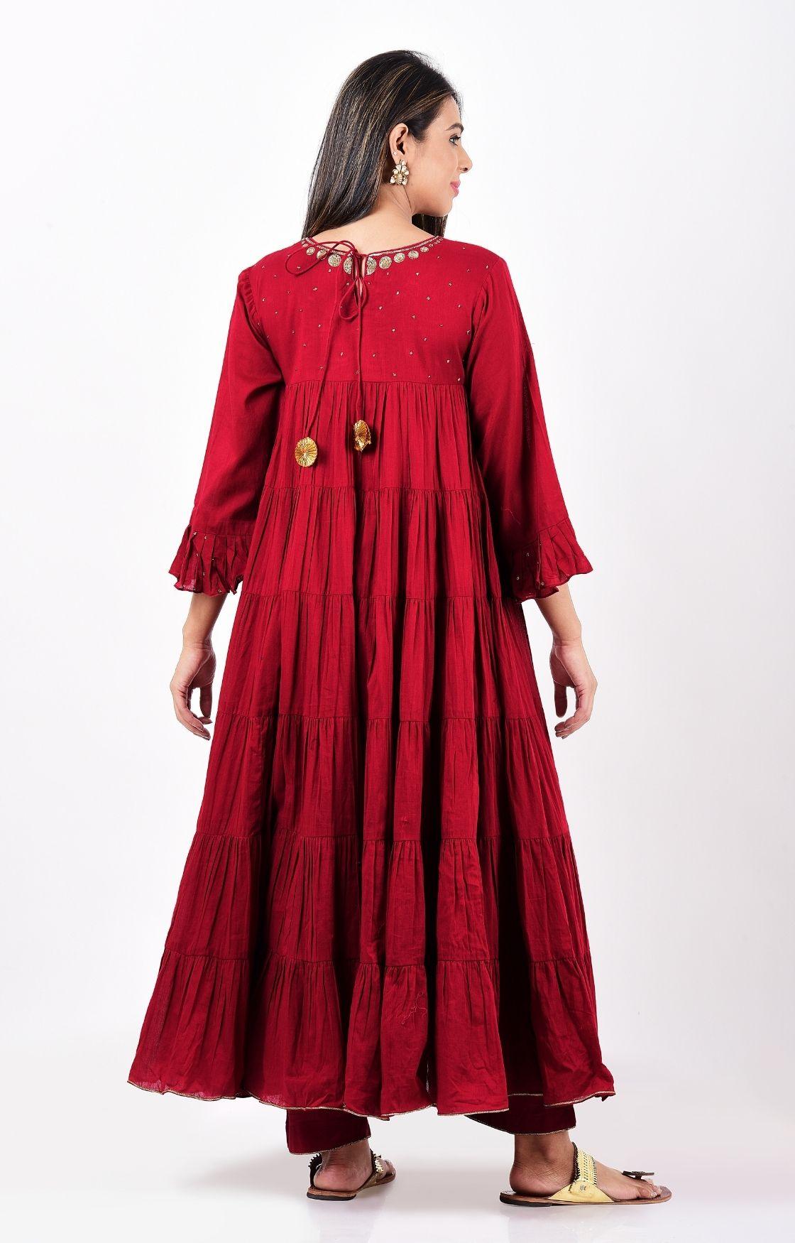 Cherry Red Crinkled Layered Kurta Set