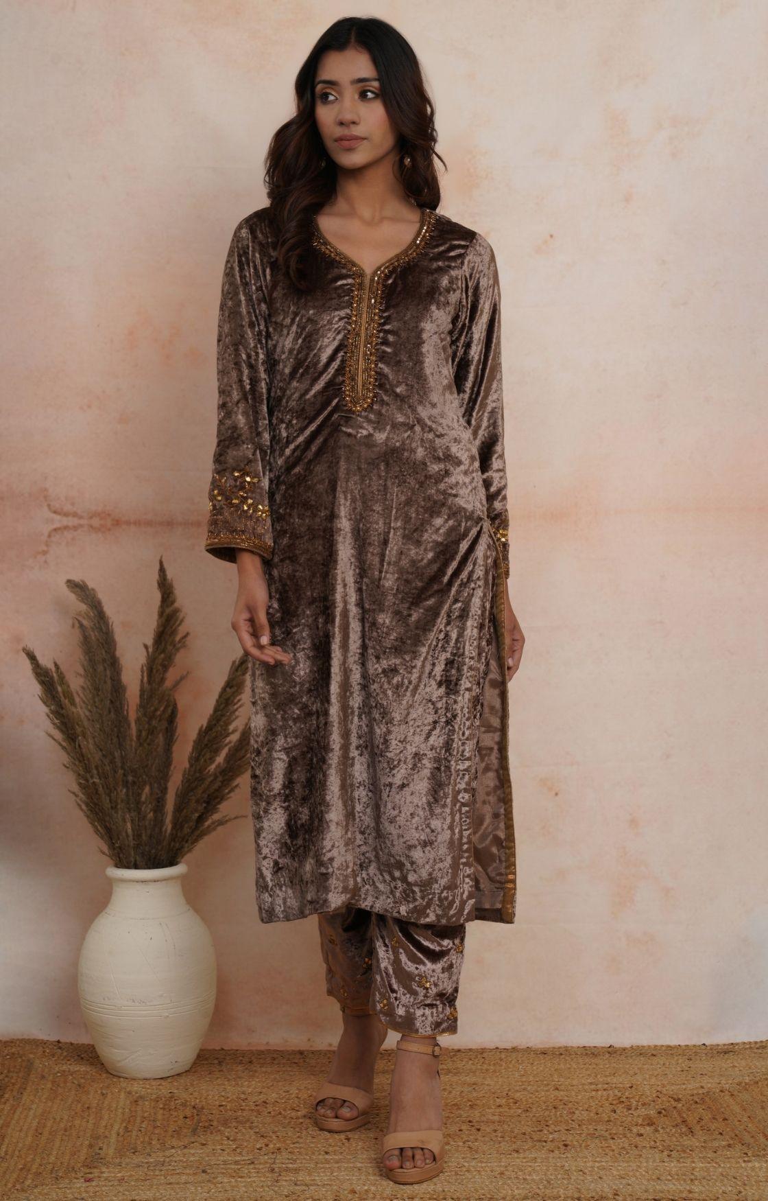 Golden Brown Embroidered Velvet Kurta Set of 3