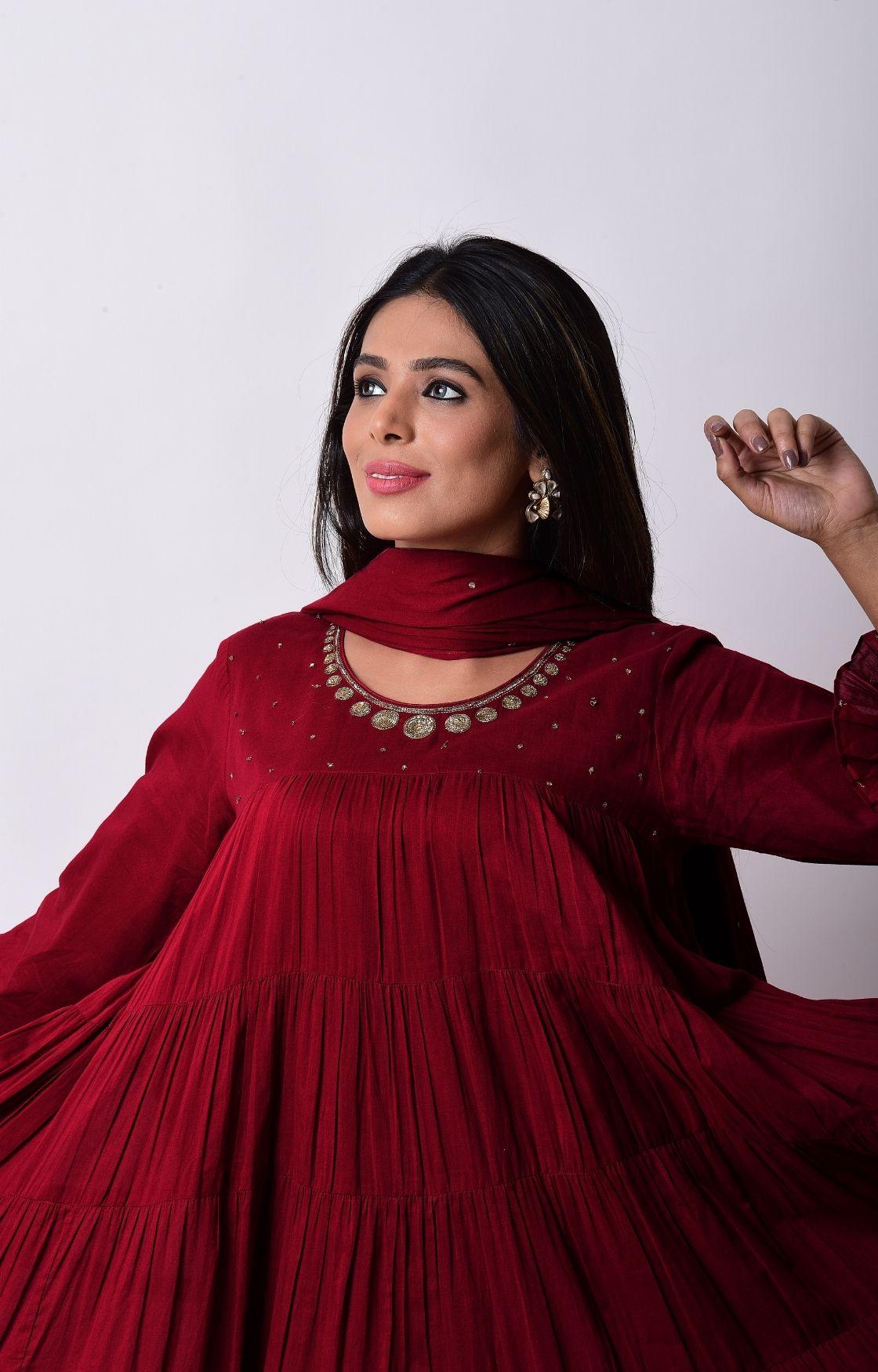 Cherry Red Crinkled Layered Kurta Set