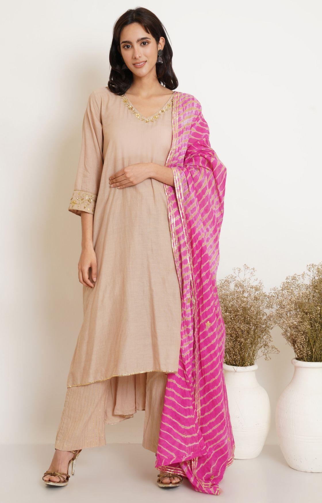 Beige Gota Kurta set of 2  with Lehariya Dupatta