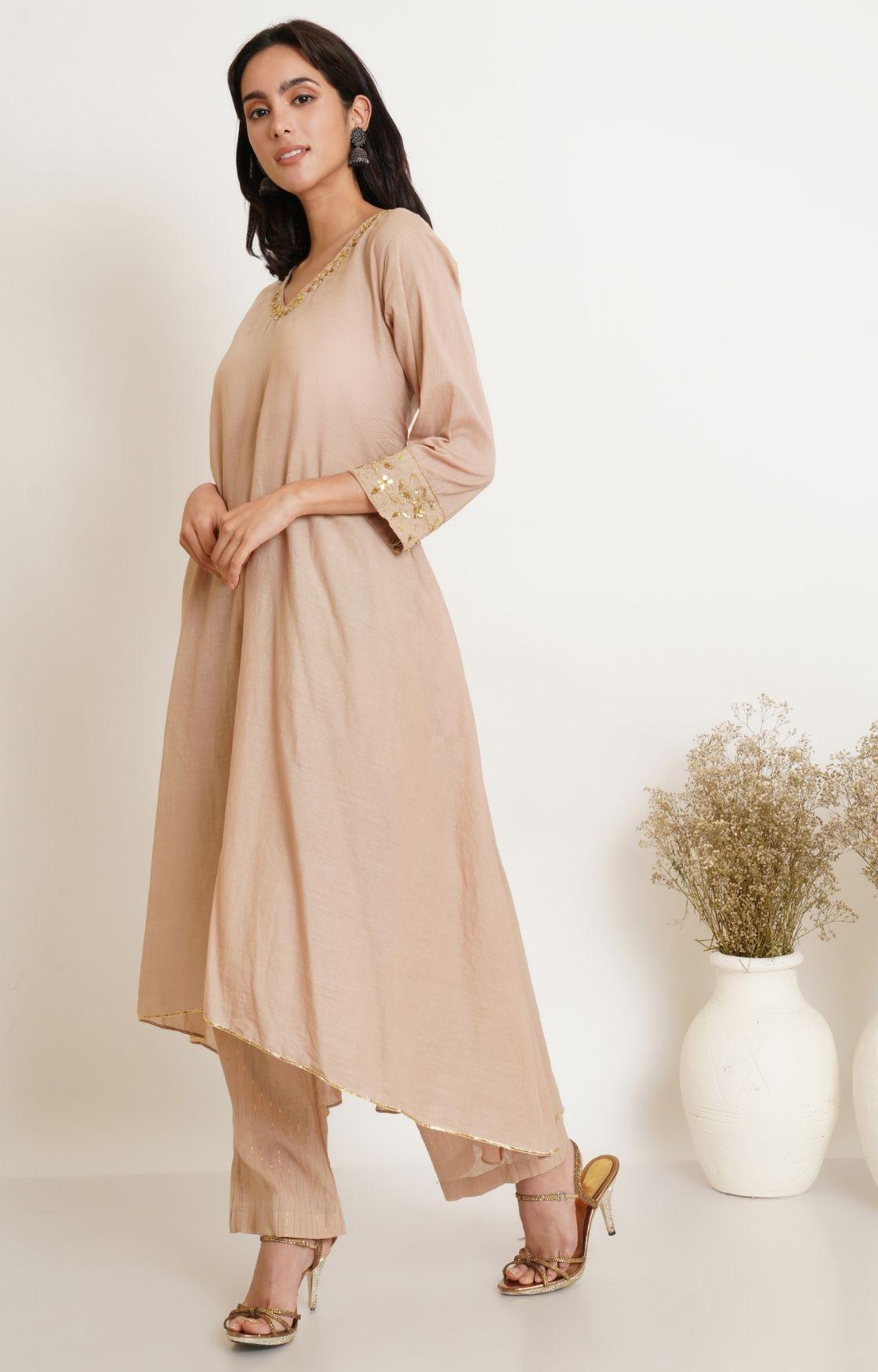 Beige Gota Kurta set of 2  with Lehariya Dupatta