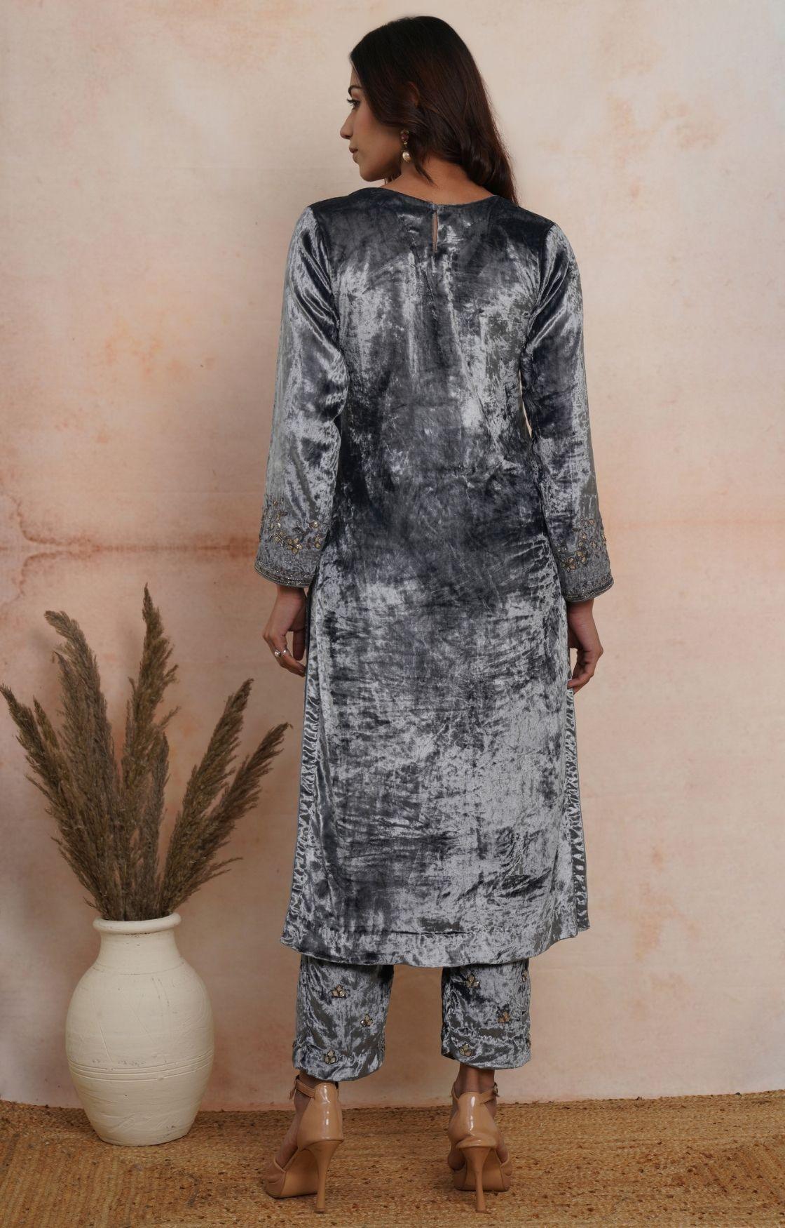 Steel Grey Embroidered Velvet Kurta Set of 3