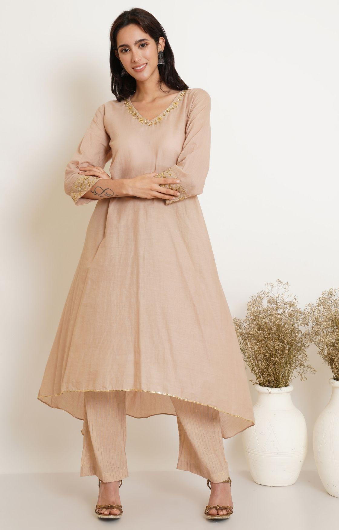 Beige Gota Kurta set of 2  with Lehariya Dupatta