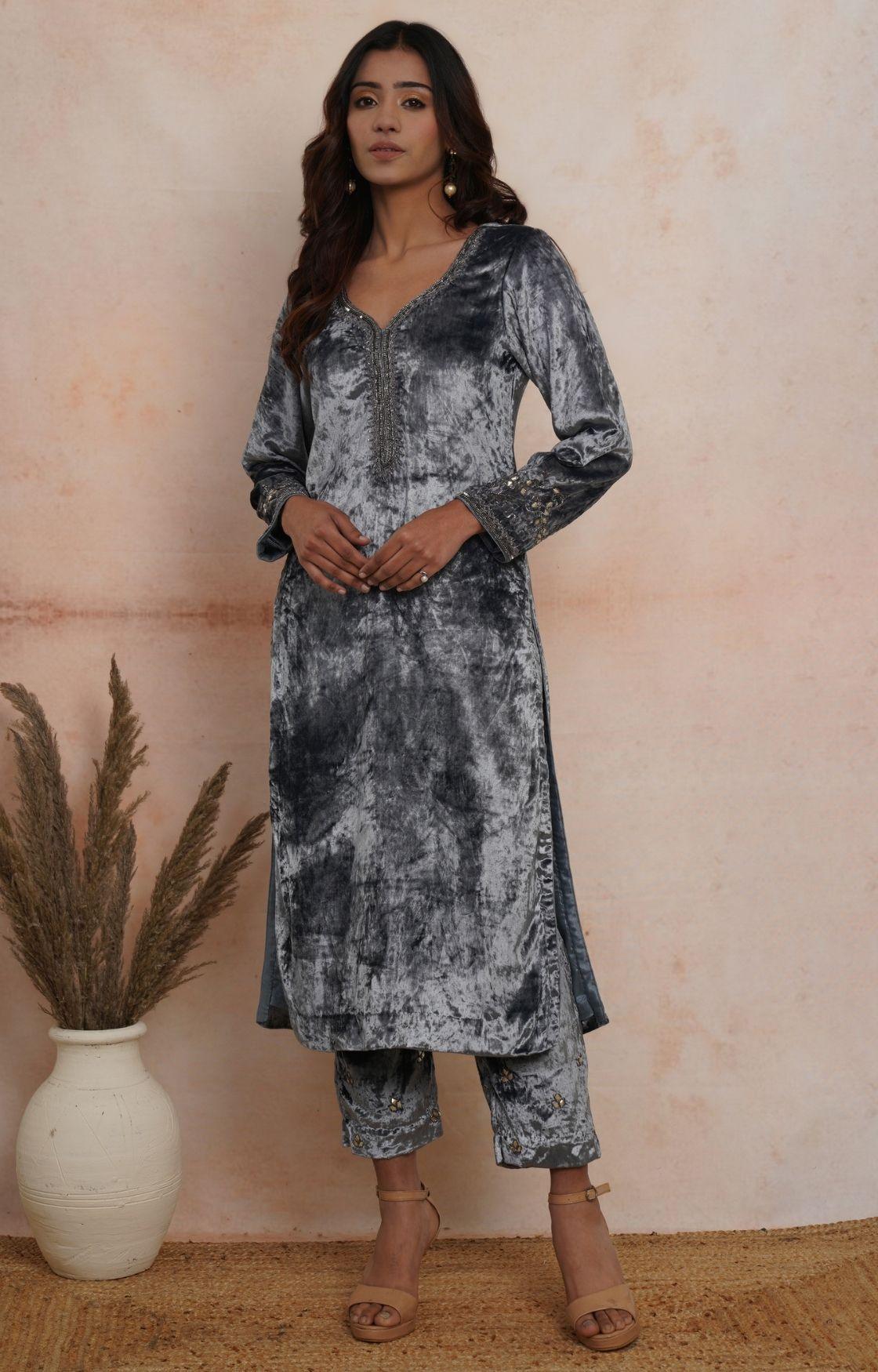 Steel Grey Embroidered Velvet Kurta Set of 3