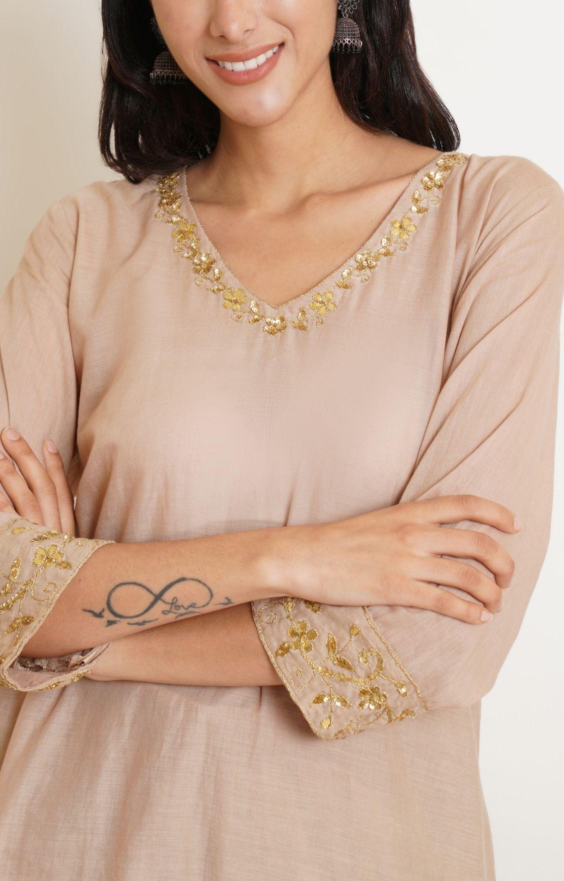 Beige Gota Kurta set of 2  with Lehariya Dupatta