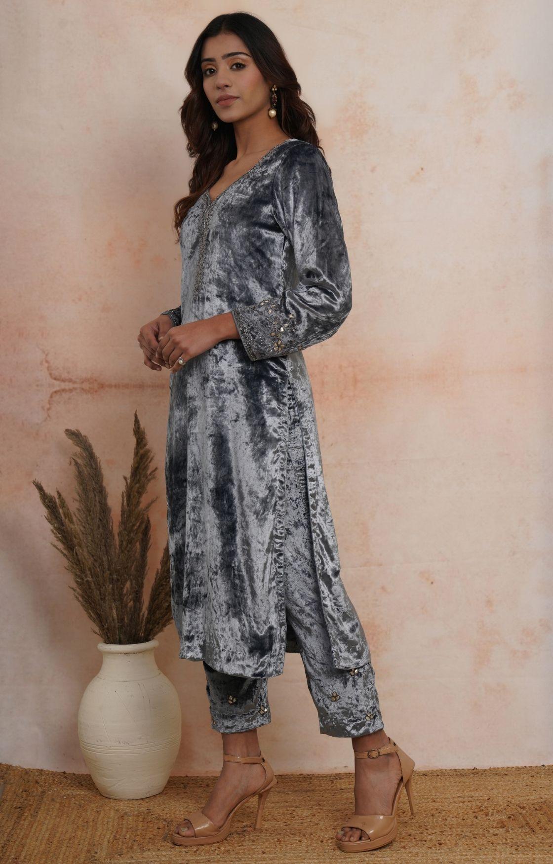 Steel Grey Embroidered Velvet Kurta Set of 3