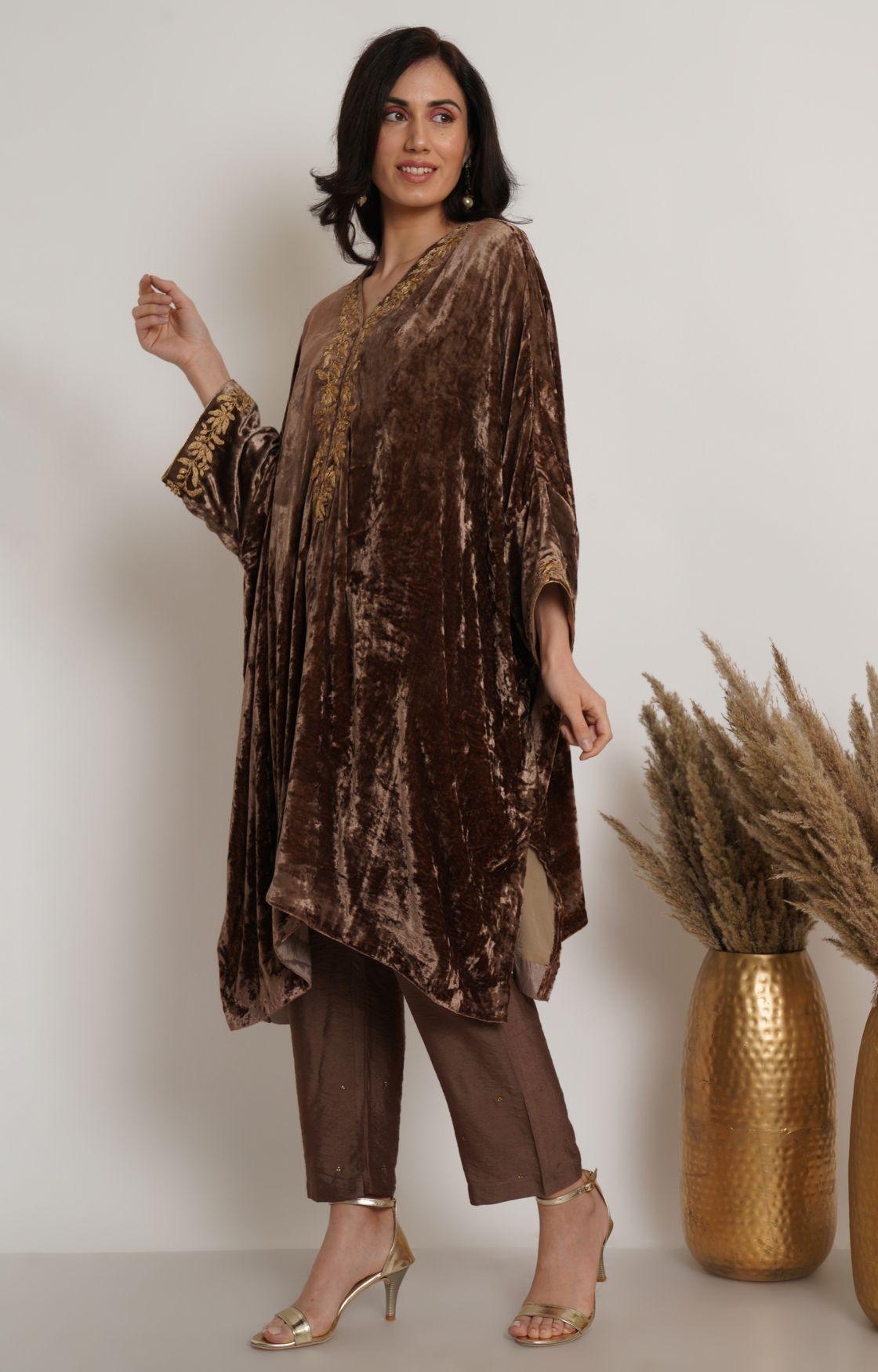Beige Gold Velvet Embroidered Kaftan Set  of 2