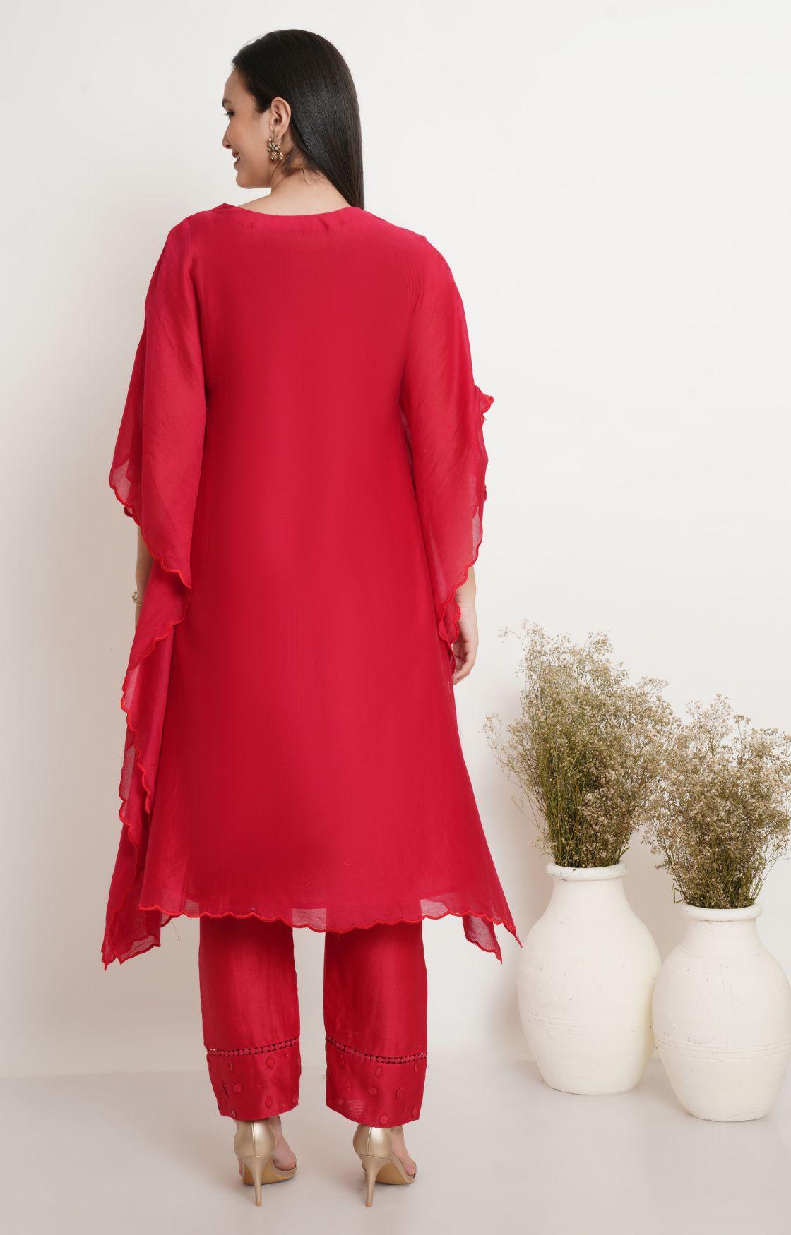 Red Tonal Embroidery Kaftan Set