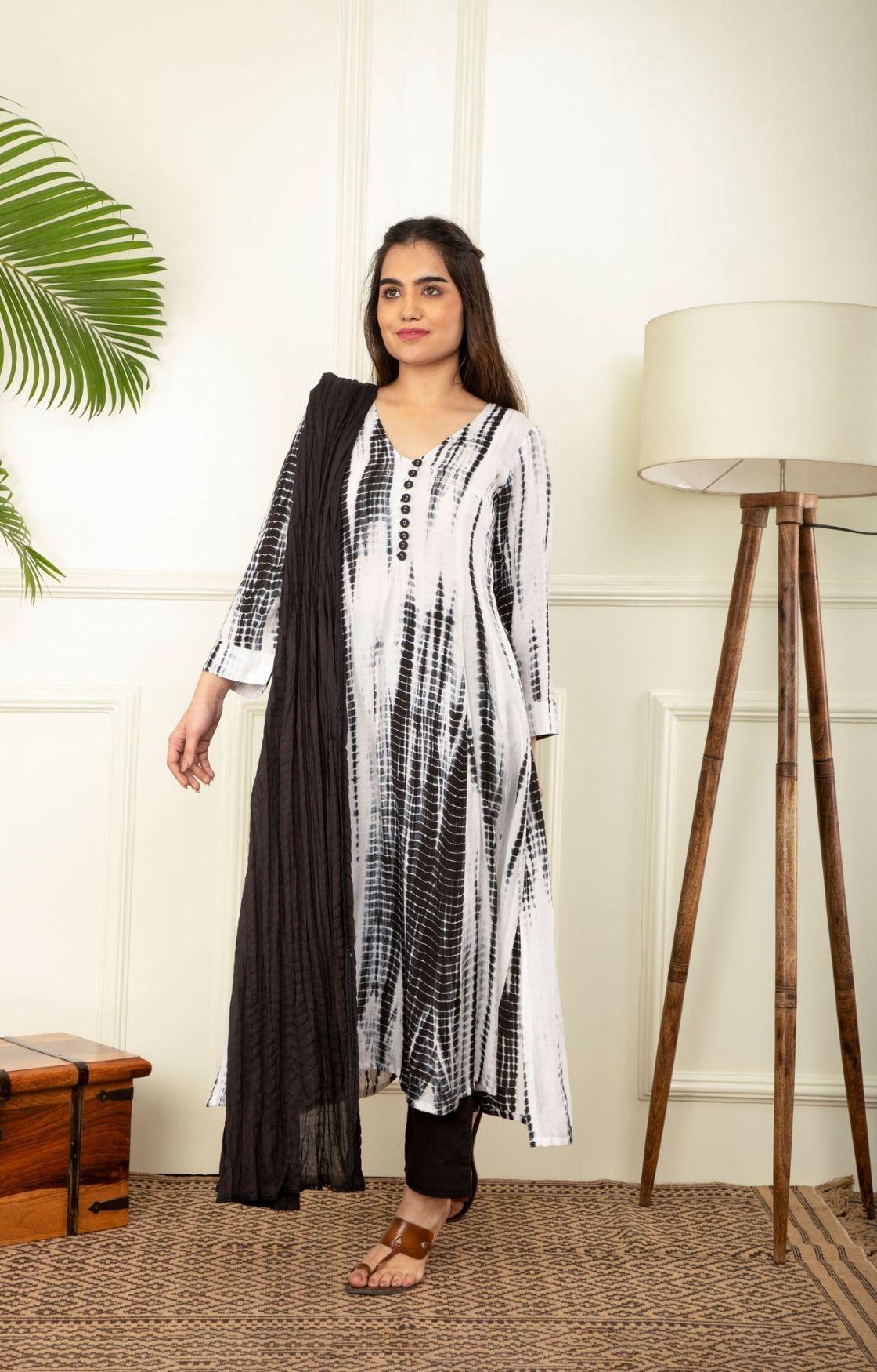 Black And White Rope Tie Dye Kurta Set