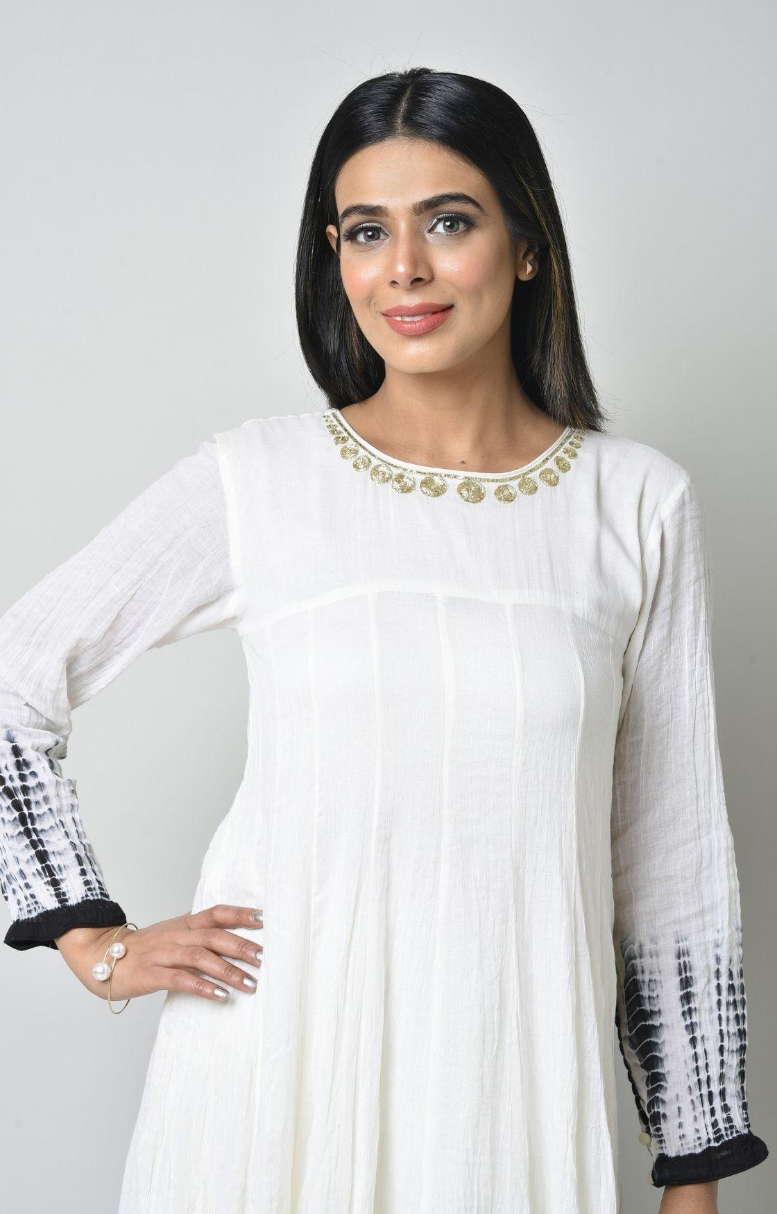 White Black Tie Dye Crinkled Kurta Set