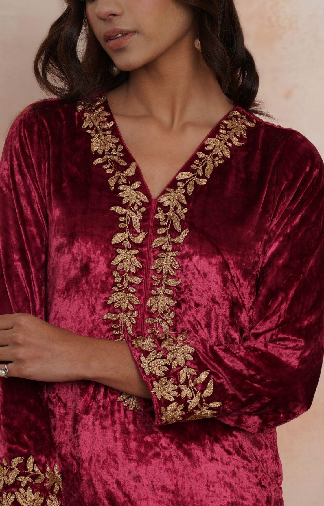 Maroon Embroidered Velvet Kurta Set of 3