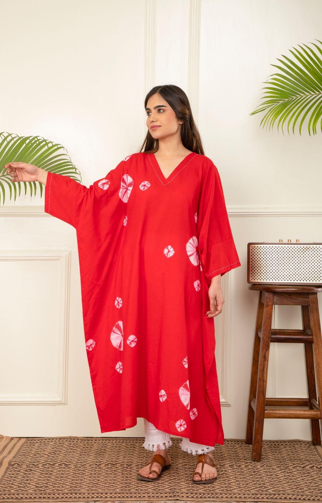 Red Bandhani Kaftan Set