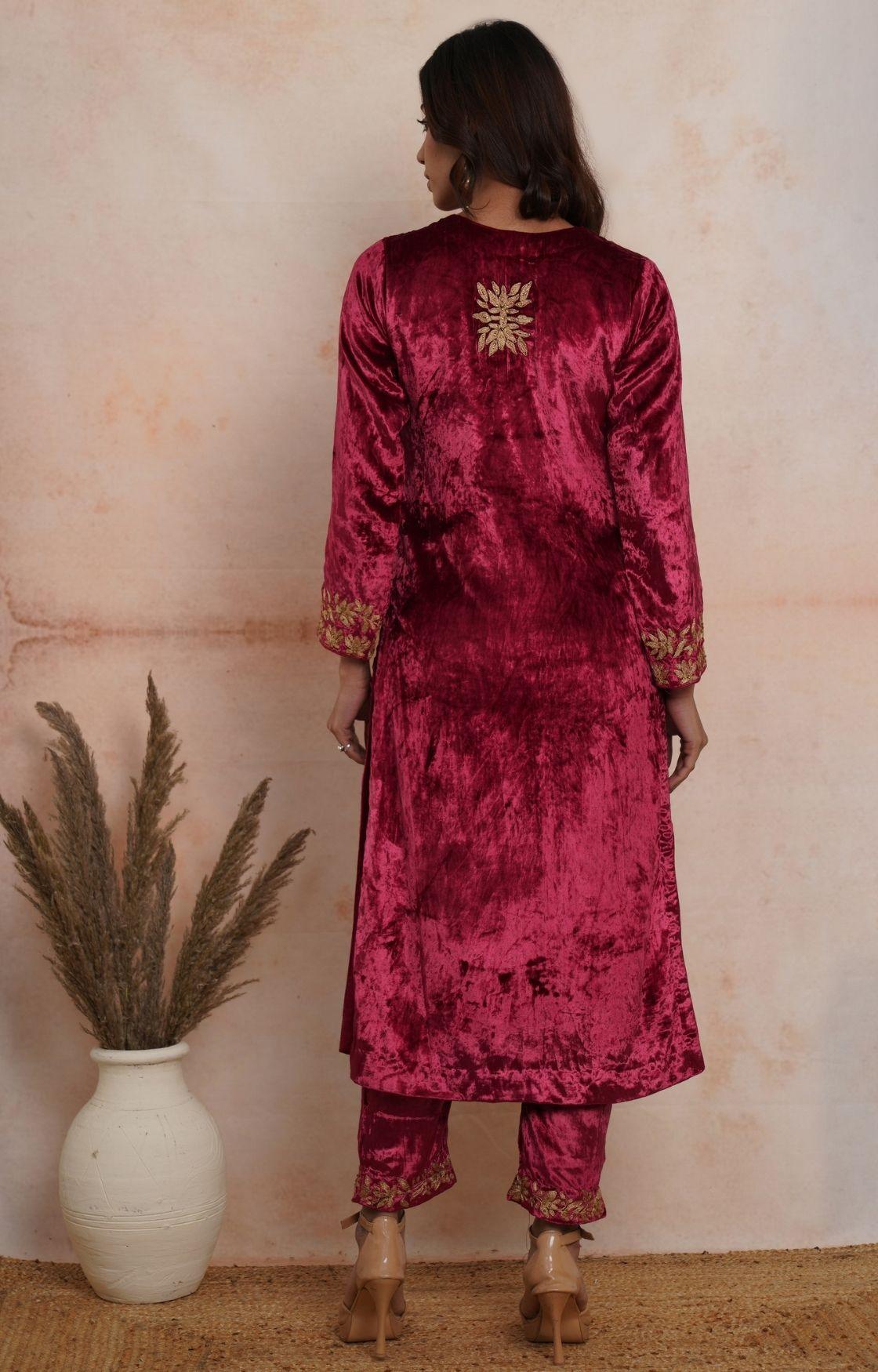 Maroon Embroidered Velvet Kurta Set of 3