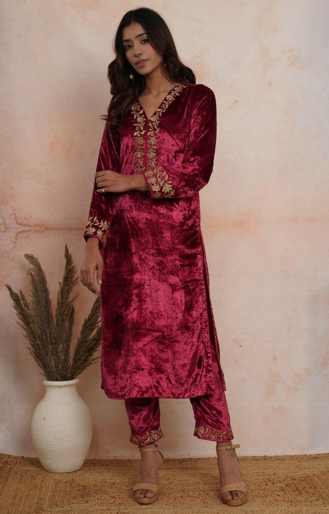 Maroon Embroidered Velvet Kurta Set of 3