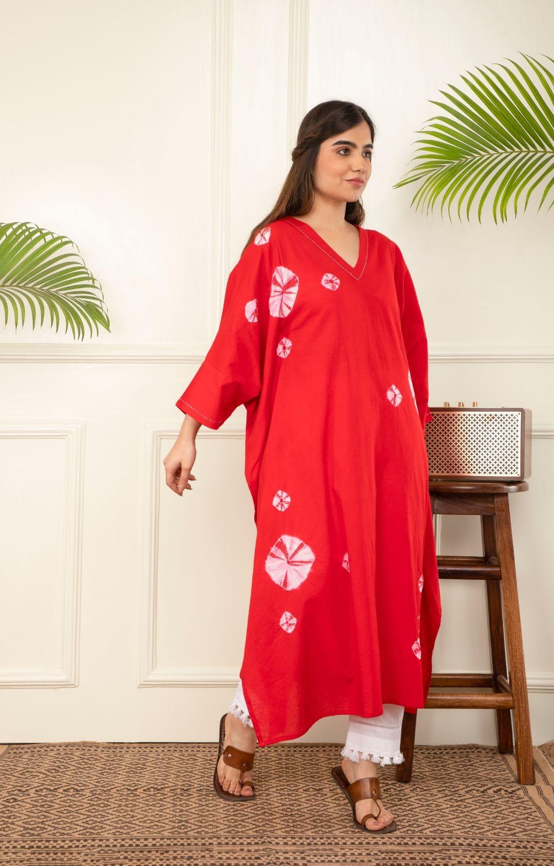 Red Bandhani Kaftan Set