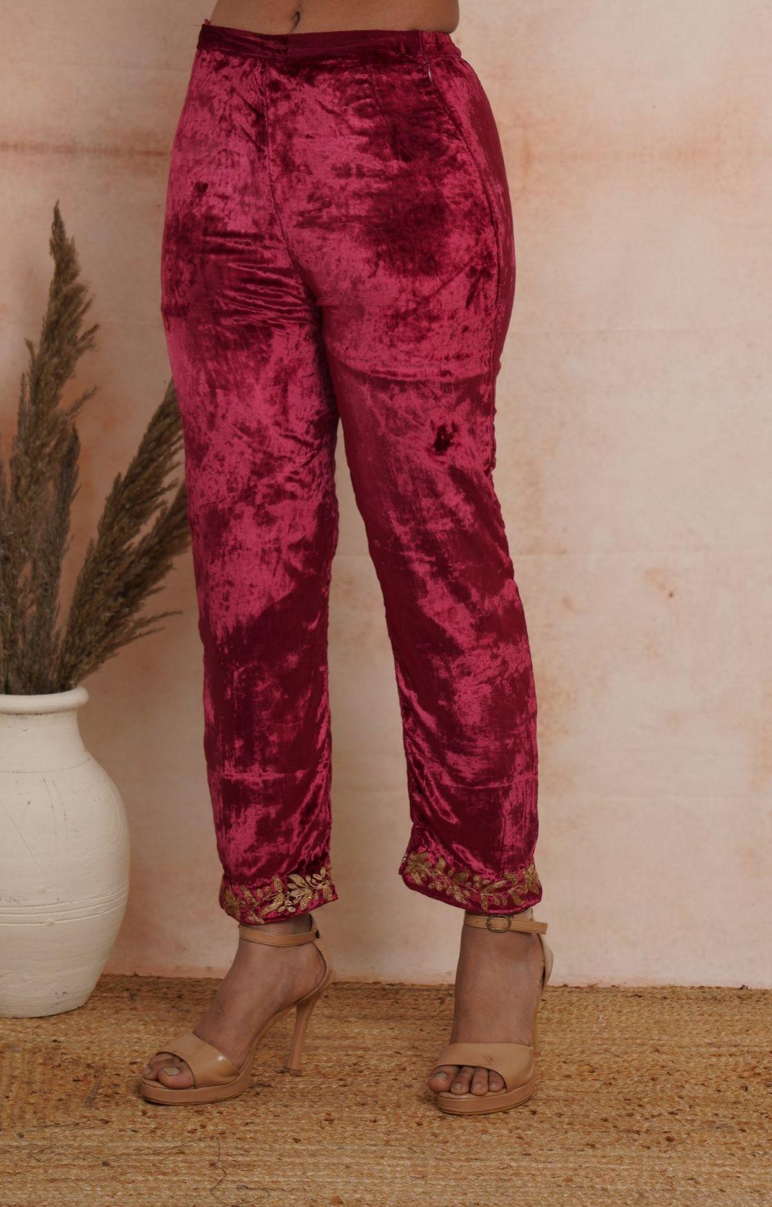 Maroon Embroidered Velvet Kurta Set of 3