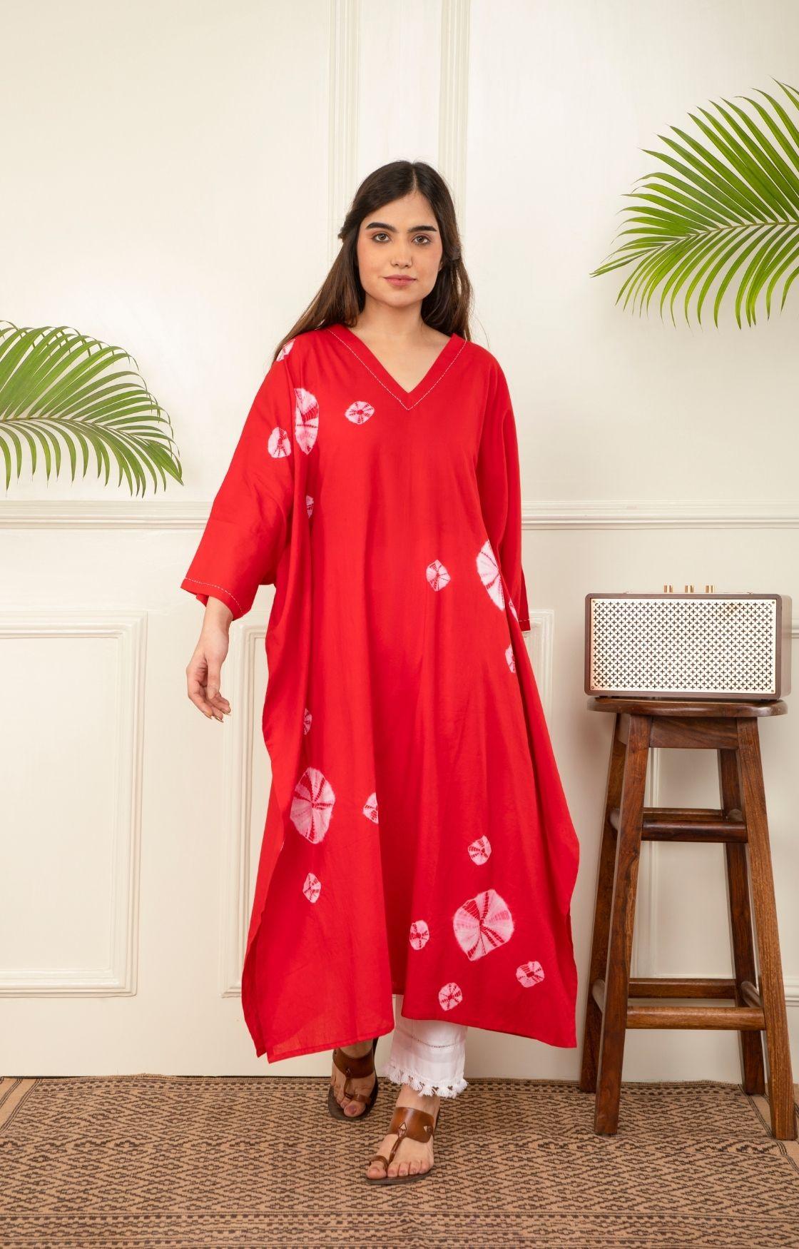 Red Bandhani Kaftan Set