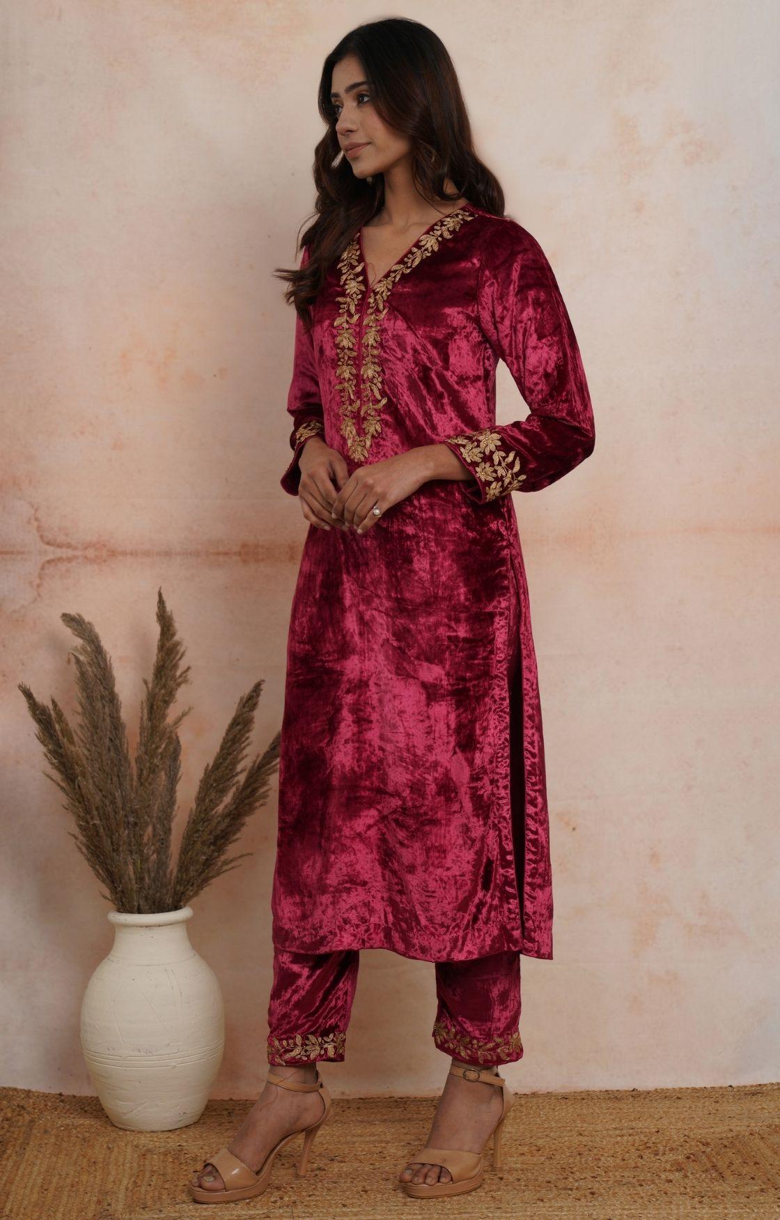 Maroon Embroidered Velvet Kurta Set of 3