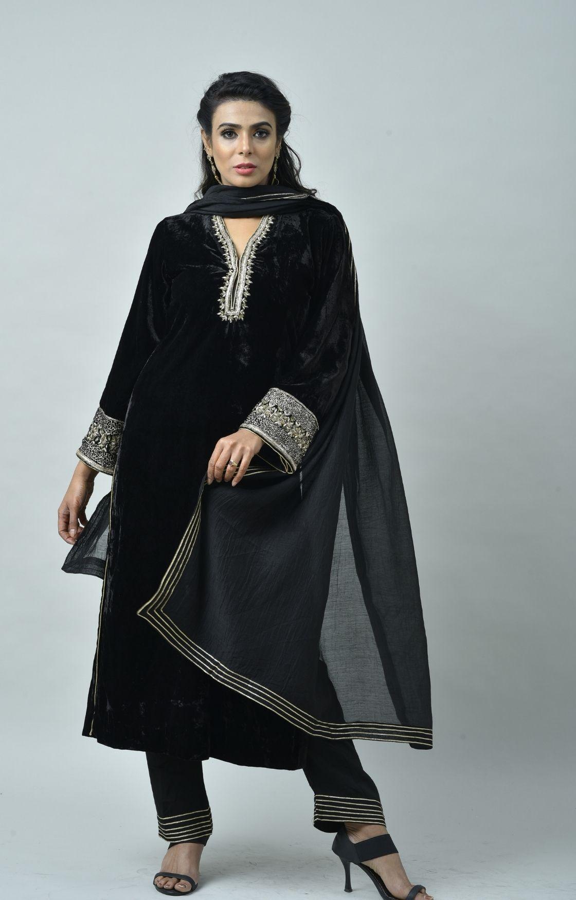 Black Velvet Kurta Set of 3