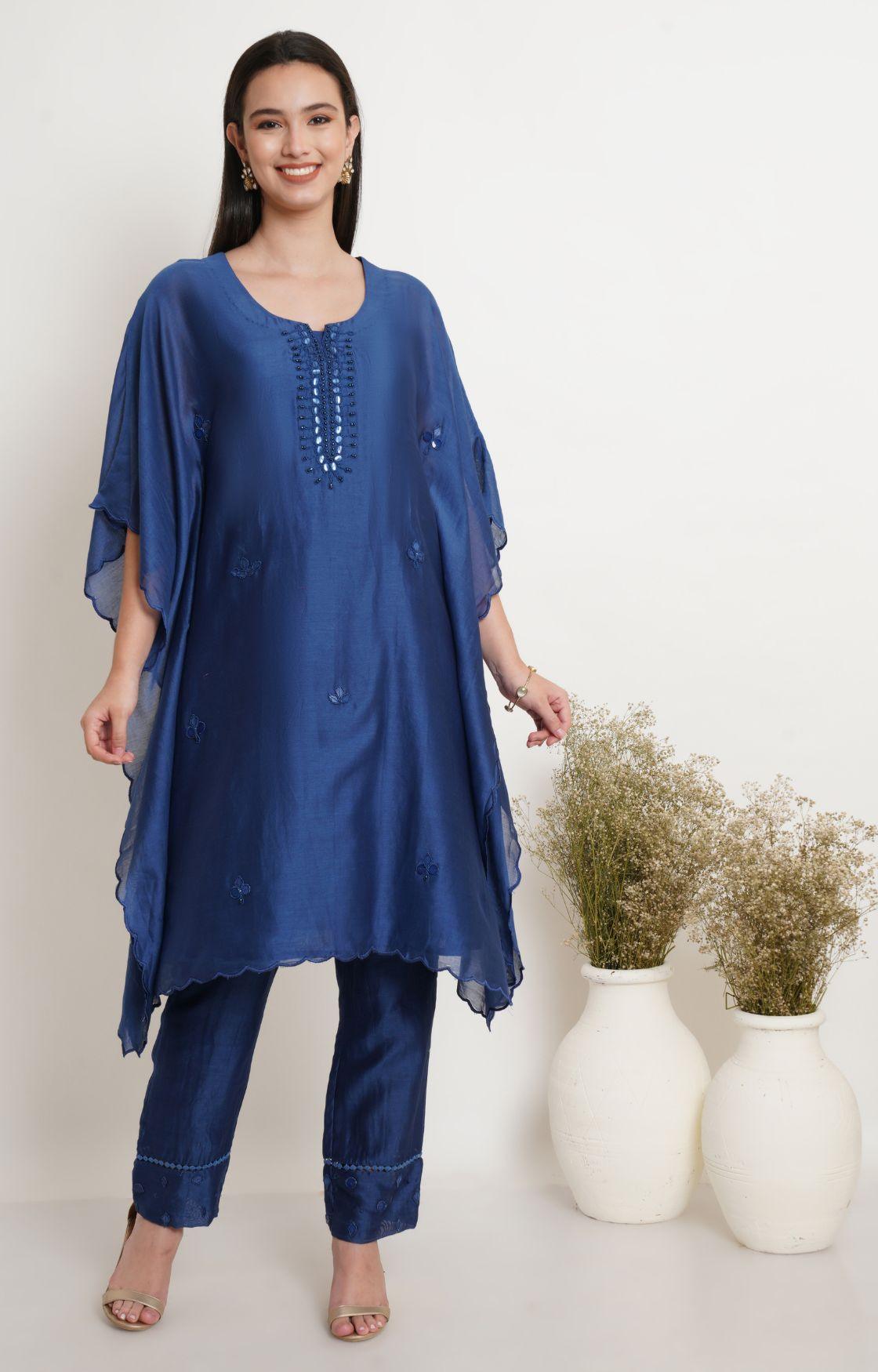 Blue Tonal Embroidery Kaftan Set