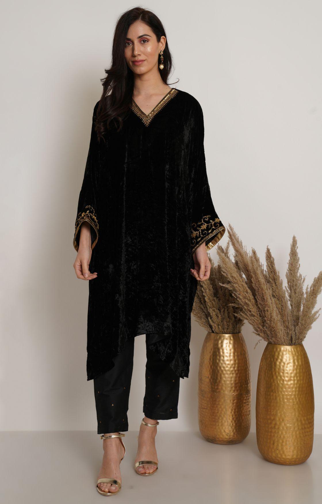 Black Velvet Embroidered Kaftan Set of 2
