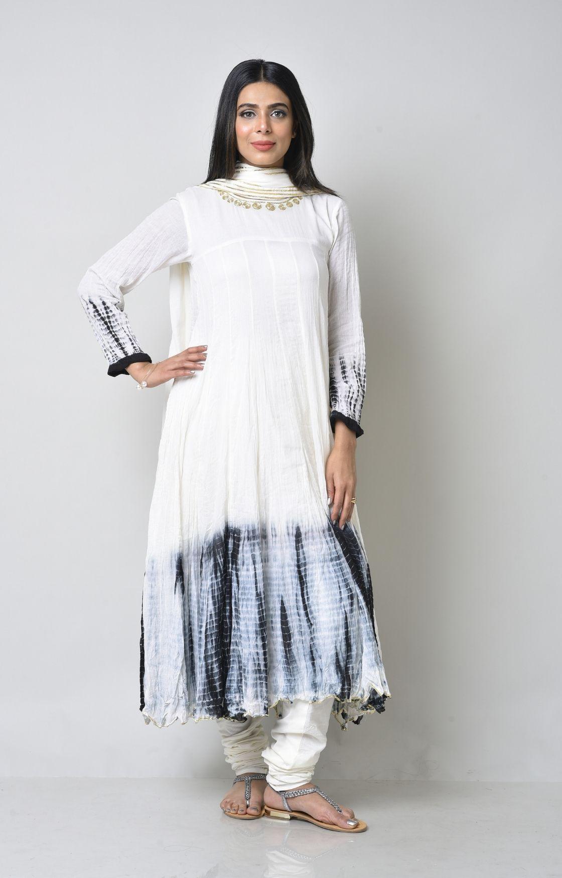 White Black Tie Dye Crinkled Kurta Set