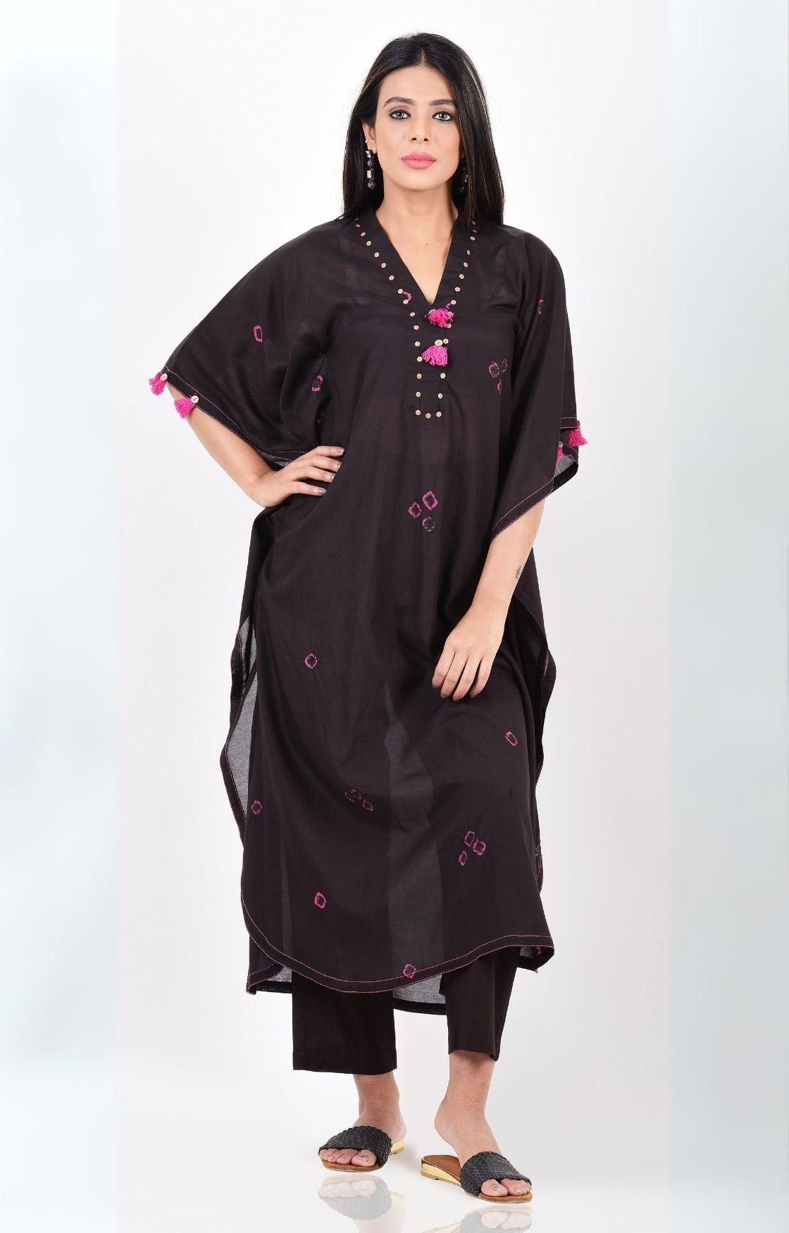 Black Pink Bandhani Kaftan Set of 2