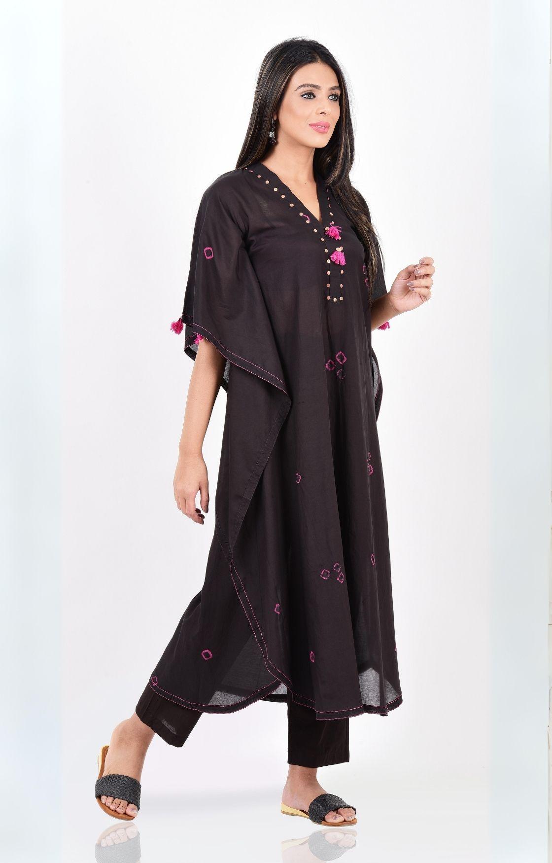 Black Pink Bandhani Kaftan Set of 2