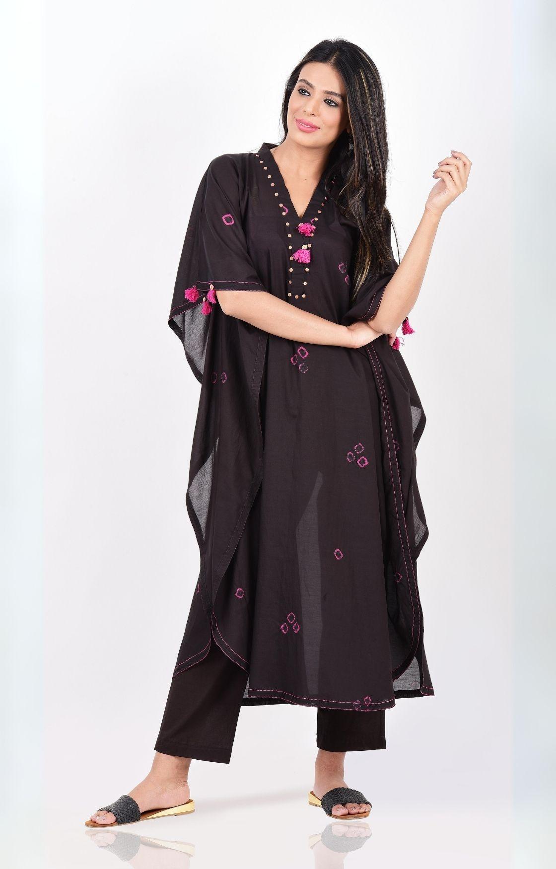 Black Pink Bandhani Kaftan Set of 2