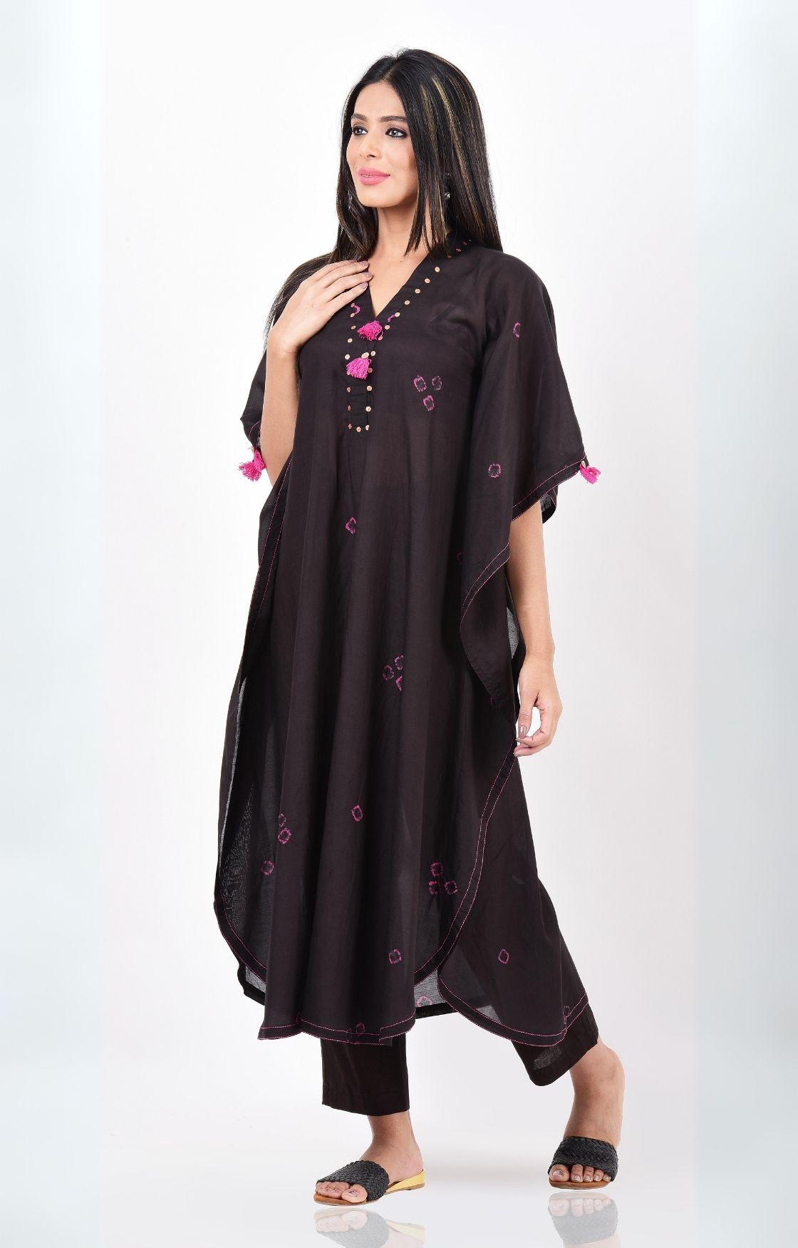 Black Pink Bandhani Kaftan Set of 2