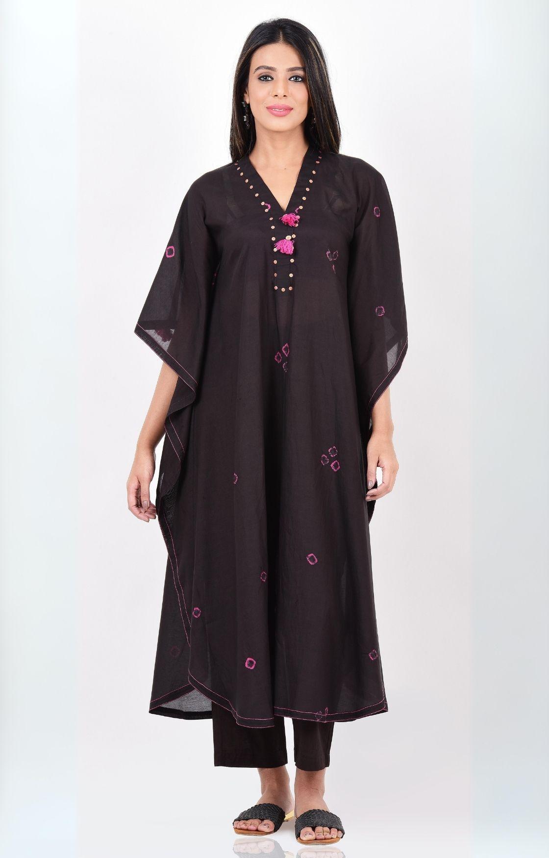 Black Pink Bandhani Kaftan Set of 2