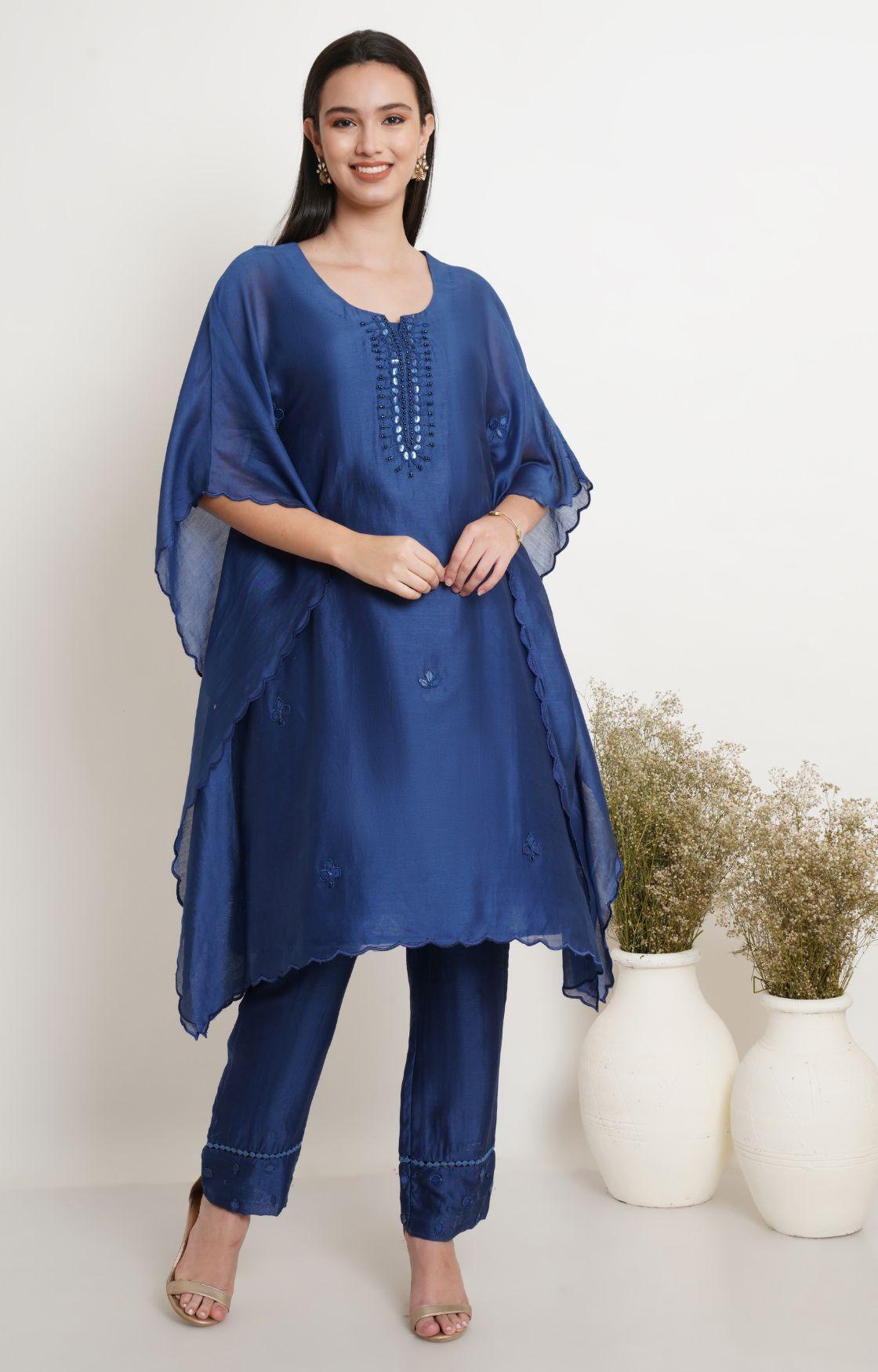 Blue Tonal Embroidery Kaftan Set