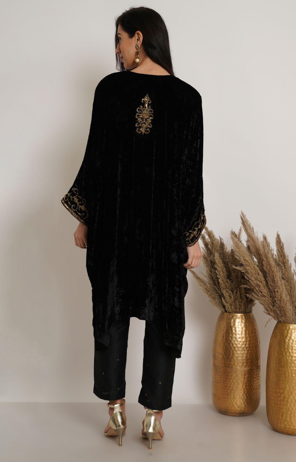 Black Velvet Embroidered Kaftan Set of 2
