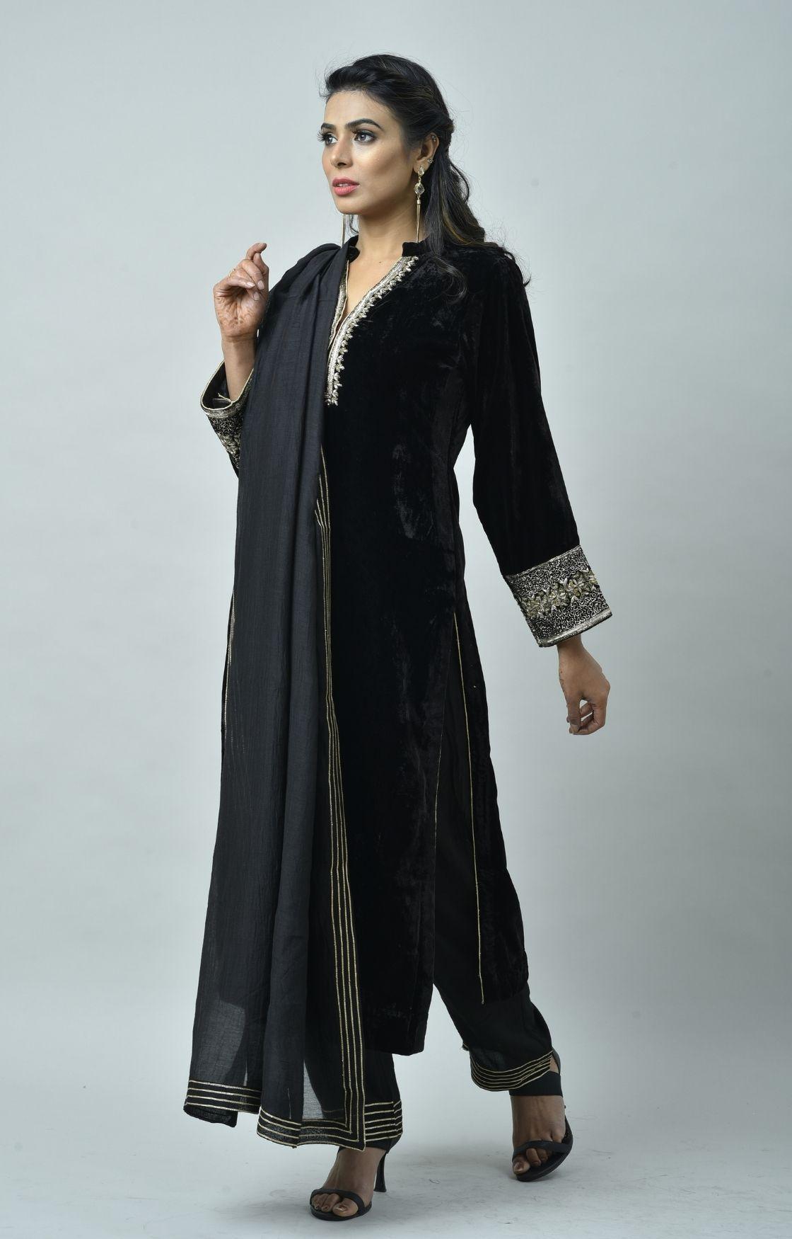 Black Velvet Kurta Set of 3