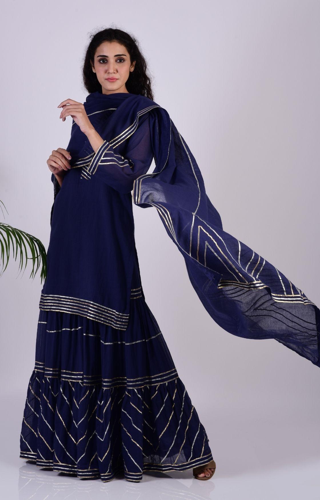 Navy Blue Zig Zag Gota Sharara Set