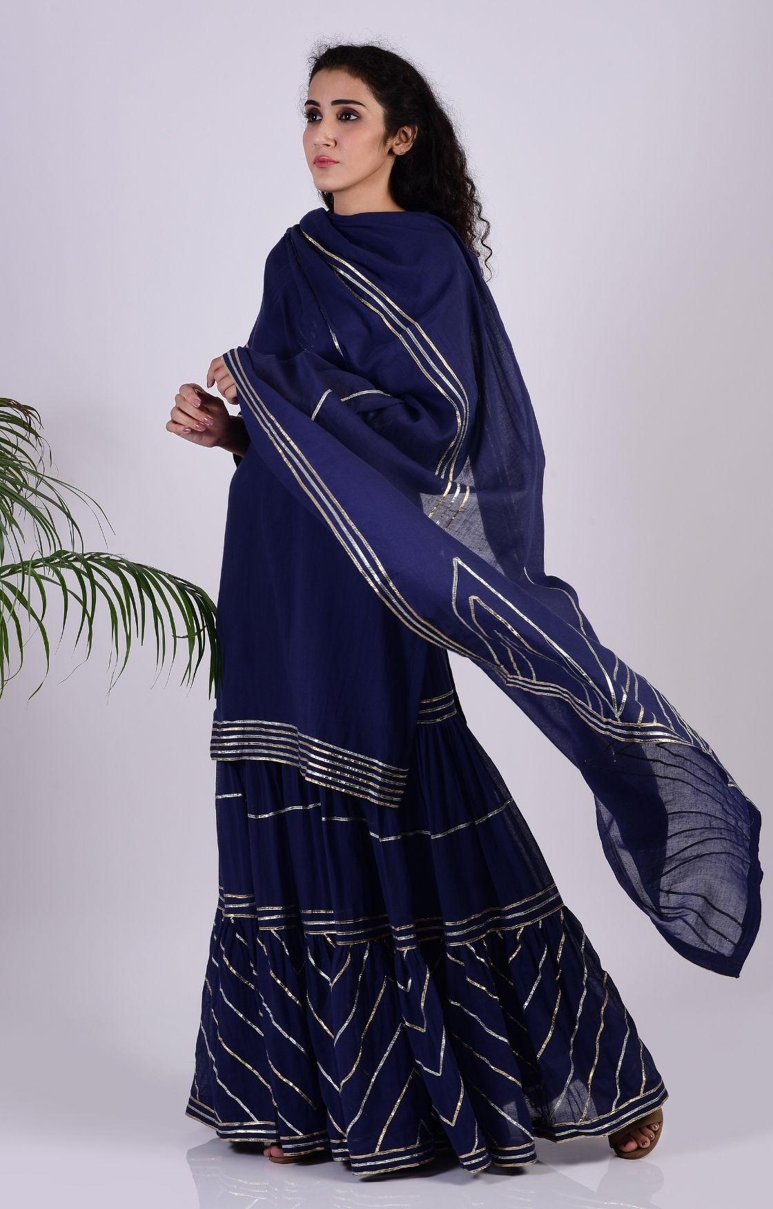 Navy Blue Zig Zag Gota Sharara Set