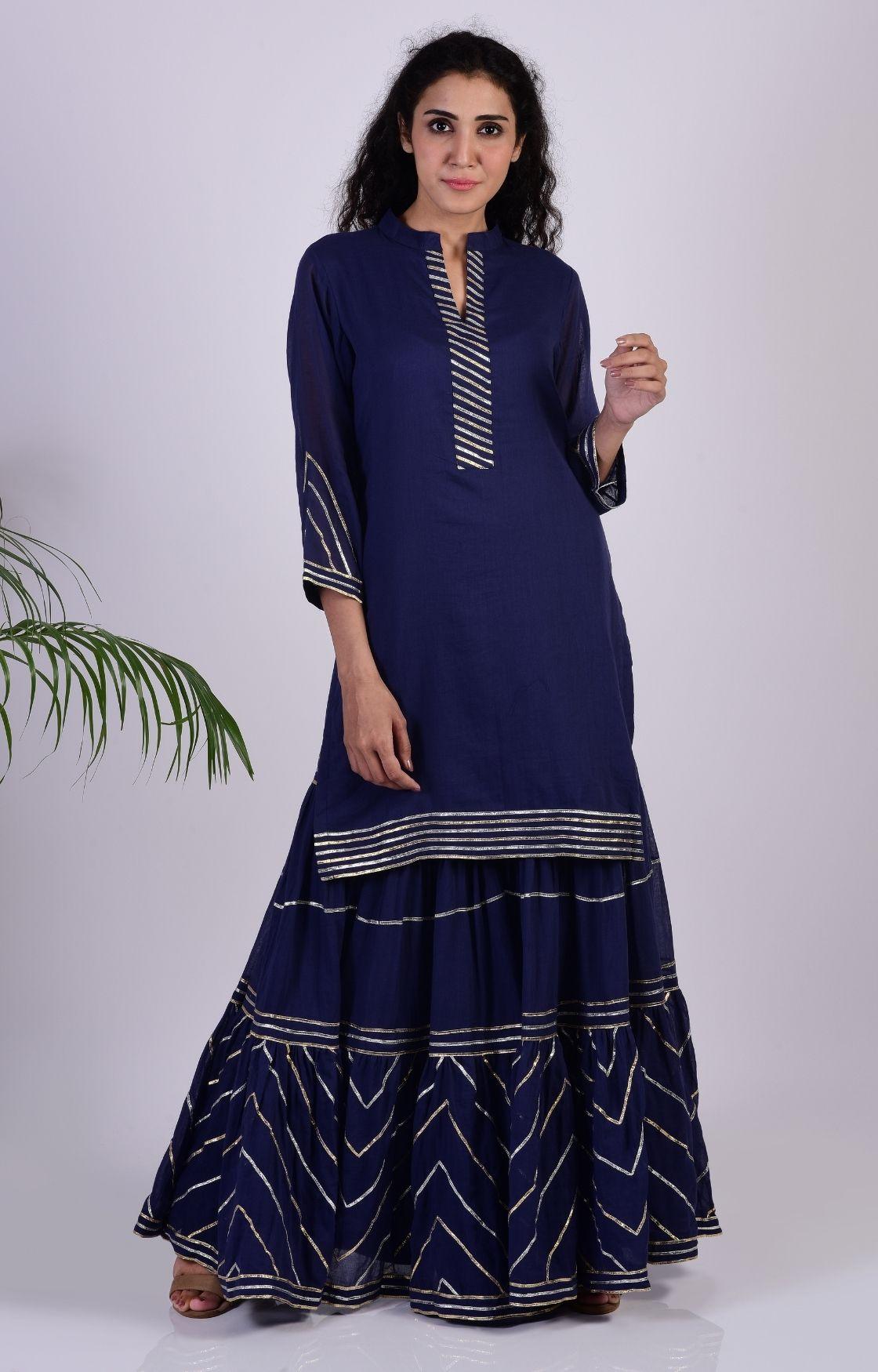 Navy Blue Zig Zag Gota Sharara Set