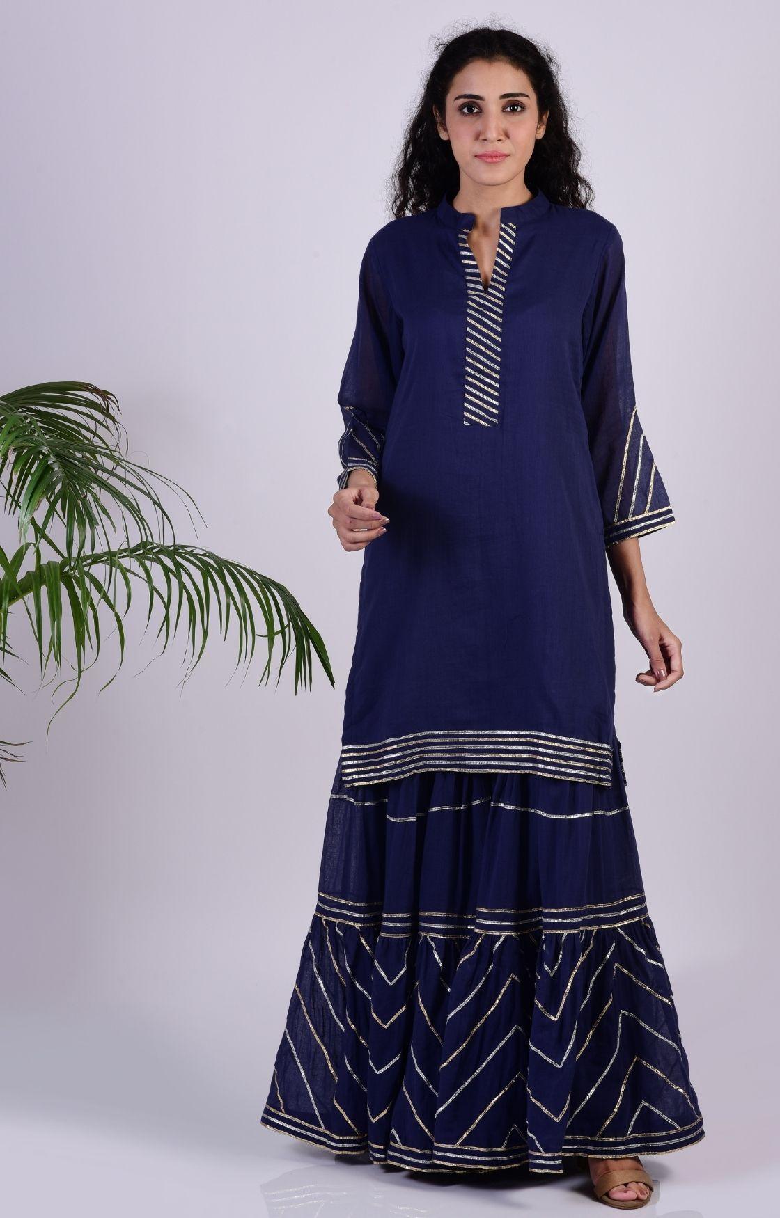 Navy Blue Zig Zag Gota Sharara Set