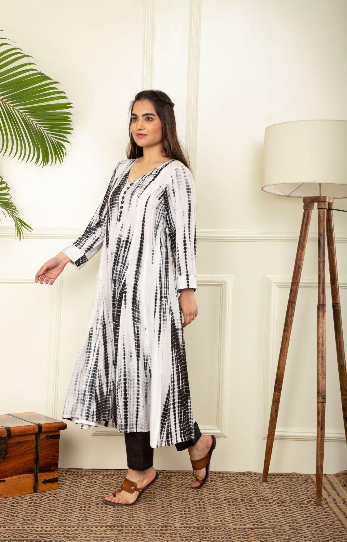 Black And White Rope Tie Dye Kurta Set